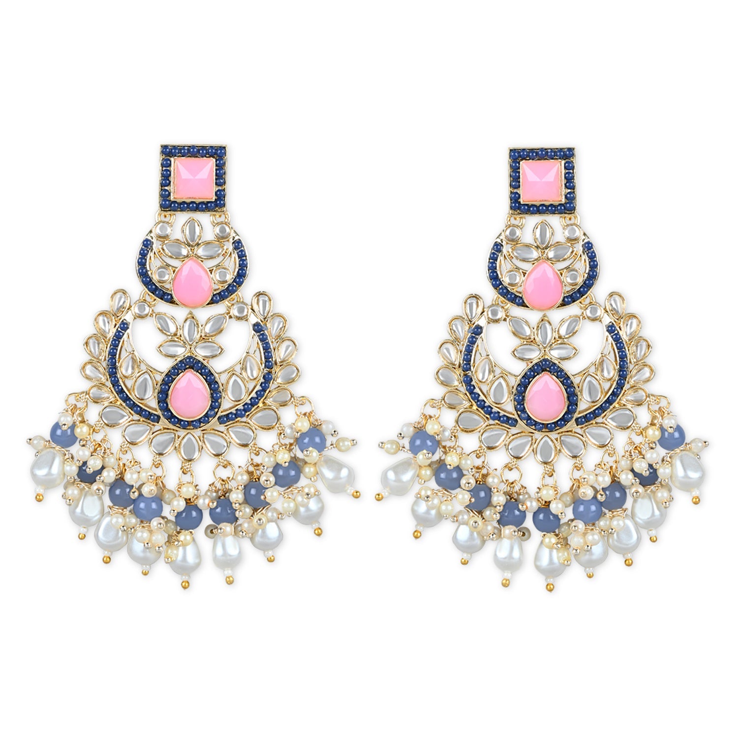 Women's 18K Gold Plated Traditional Handcrafted Pearl Kundan Beaded Earrings (E3021Pemt) - I Jewels