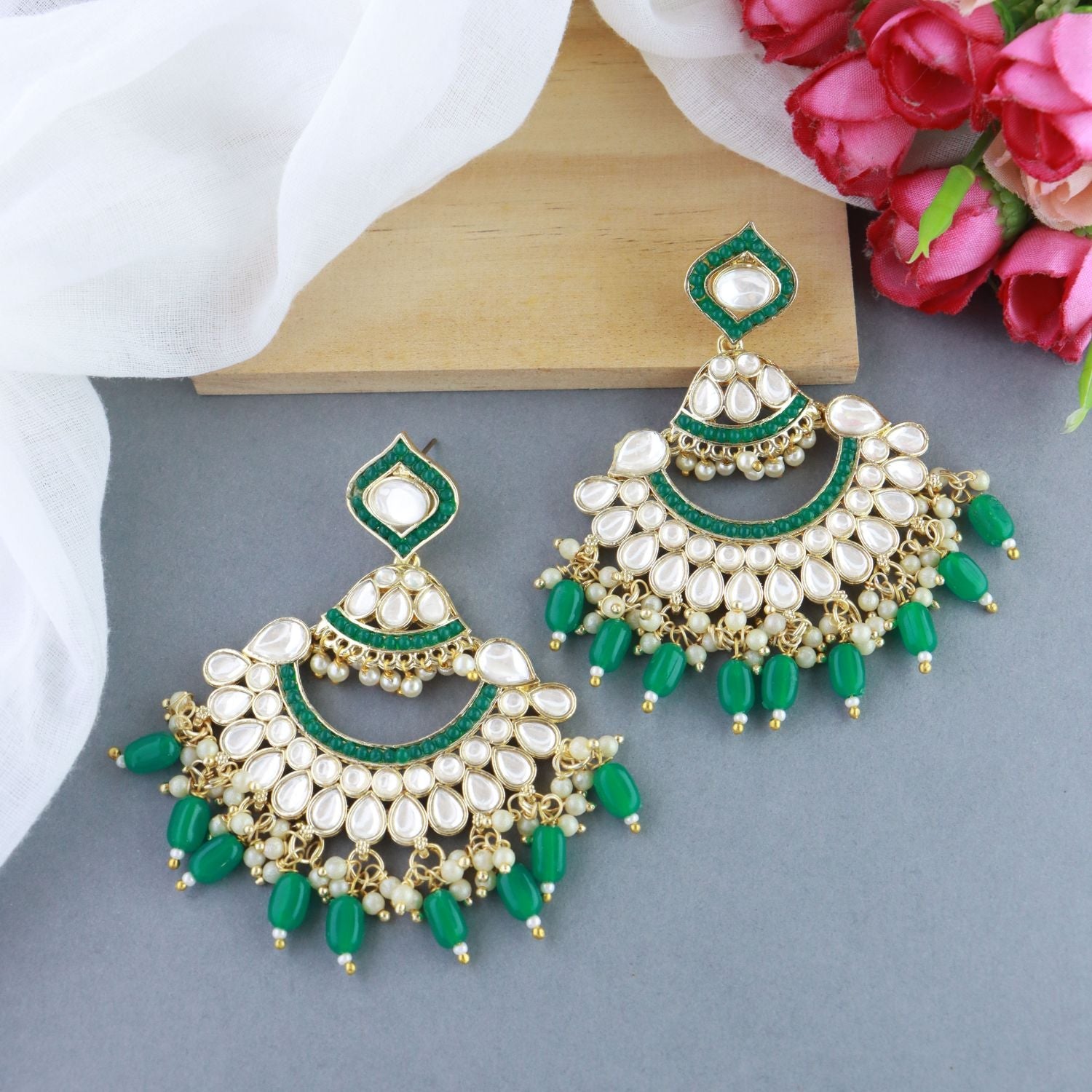 Women's 18K Gold Plated Traditional Handcrafted Pearl Kundan Beaded Earrings (E3024G) - I Jewels