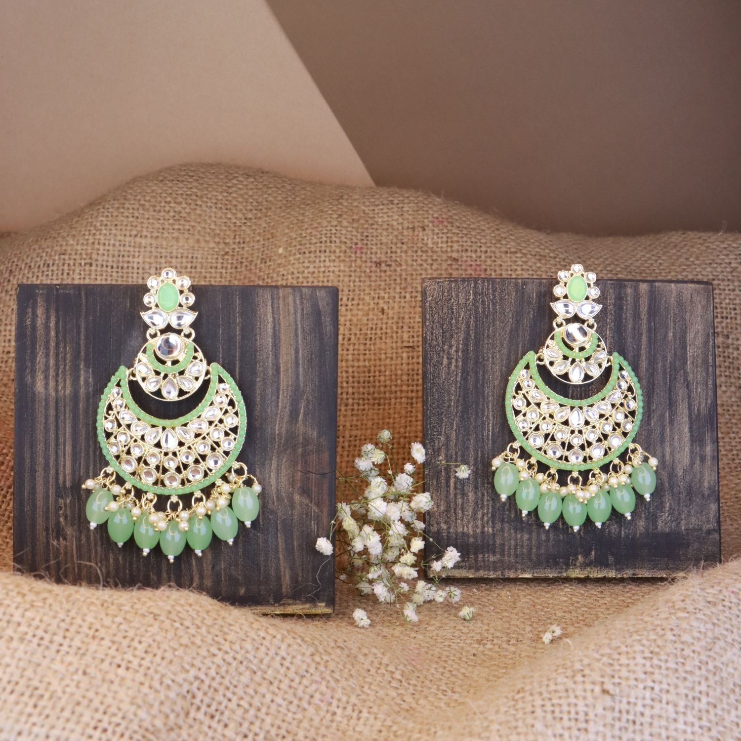 Women's 18K Gold Plated Traditional Handcrafted Pearl Kundan Beaded Chandbali Earrings (E3027Min) - I Jewels