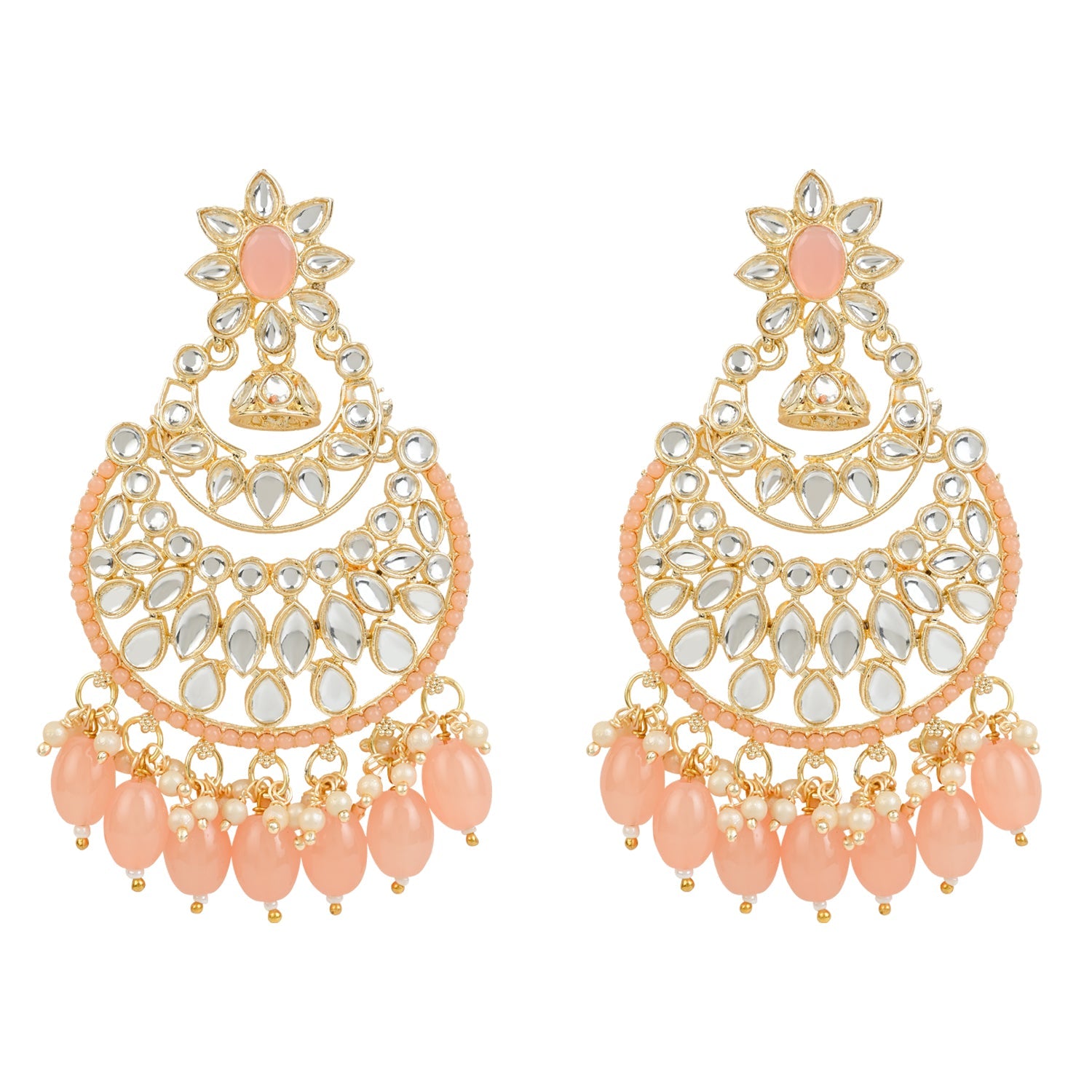 Women's 18K Gold Plated Traditional Handcrafted Pearl Kundan Beaded Chandbali Earrings (E3028Pe) - I Jewels