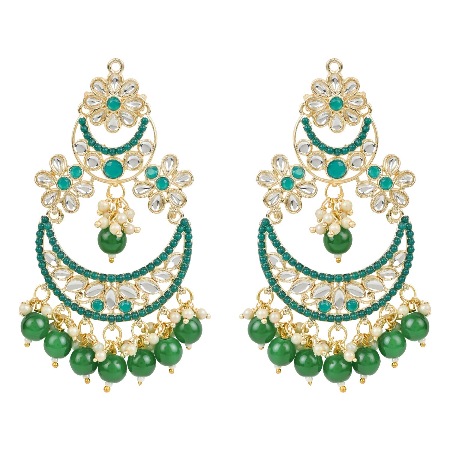 Women's 18K Gold Plated Traditional Handcrafted Pearl Kundan Beaded Chandbali Earrings (E3031G) - I Jewels