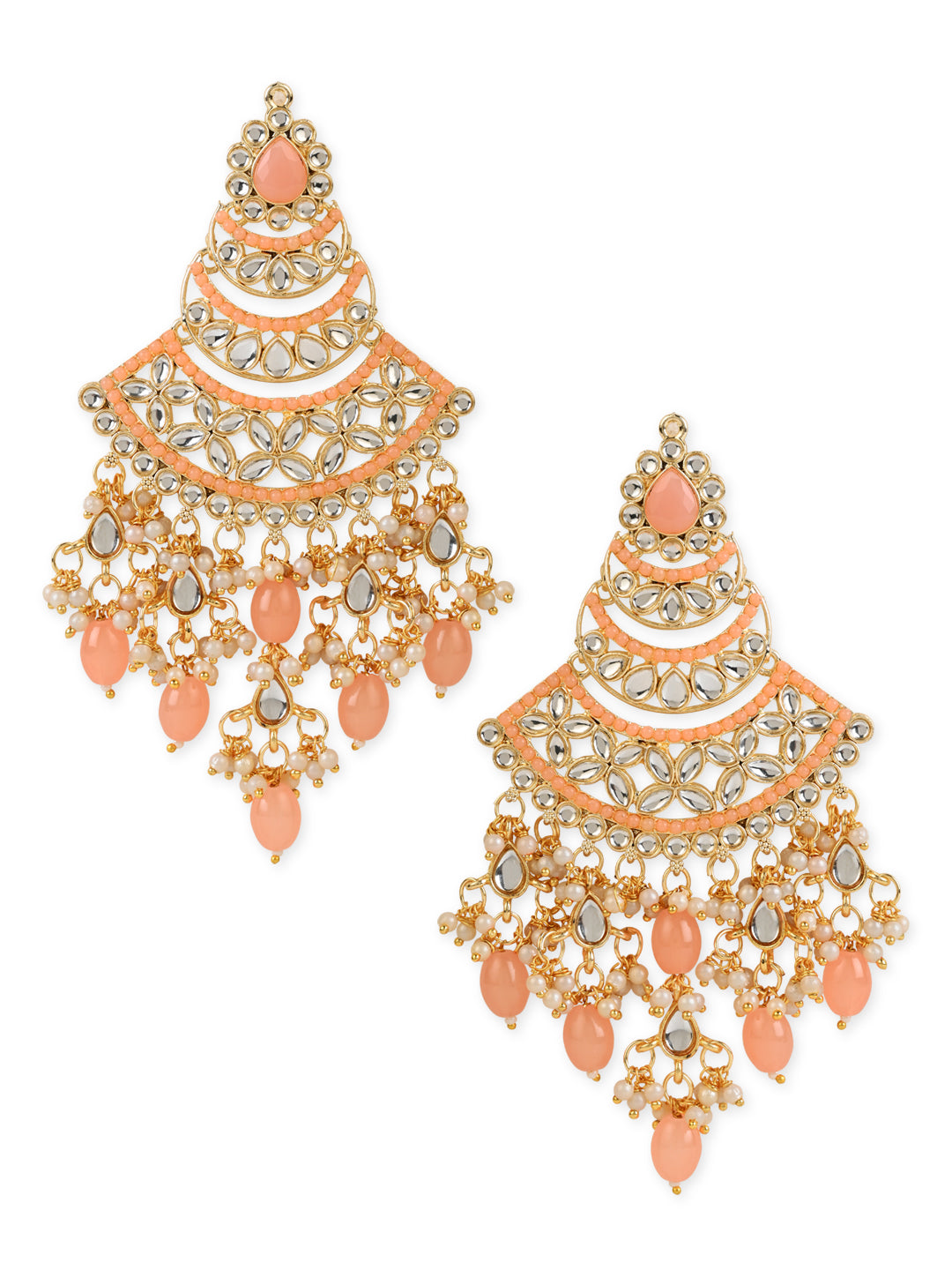 Women's 18K Gold Plated Traditional Handcrafted Pearl Kundan Beaded Chandbali Earrings (E3055Pe) - I Jewels