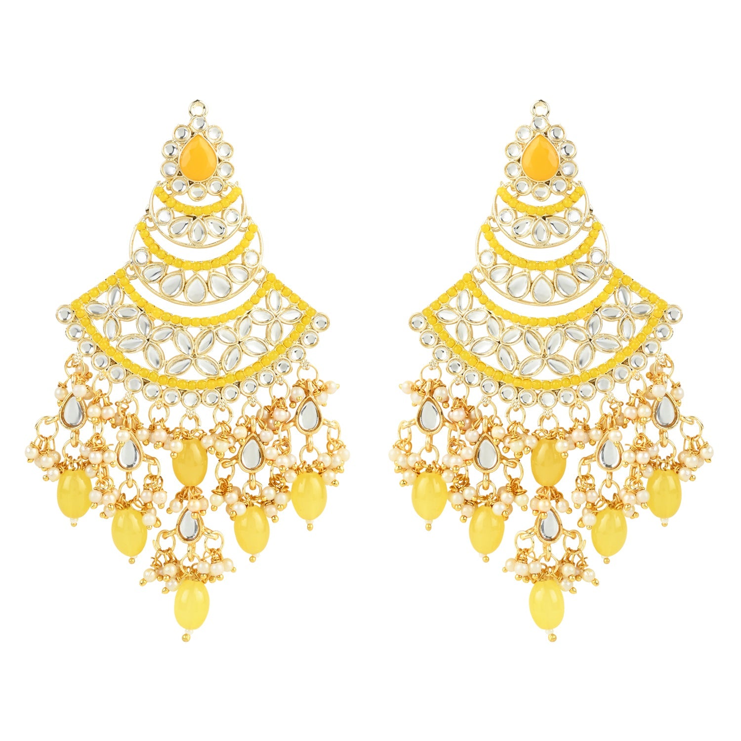 Women's 18K Gold Plated Traditional Handcrafted Pearl Kundan Beaded Chandbali Earrings (E3055Y) - I Jewels