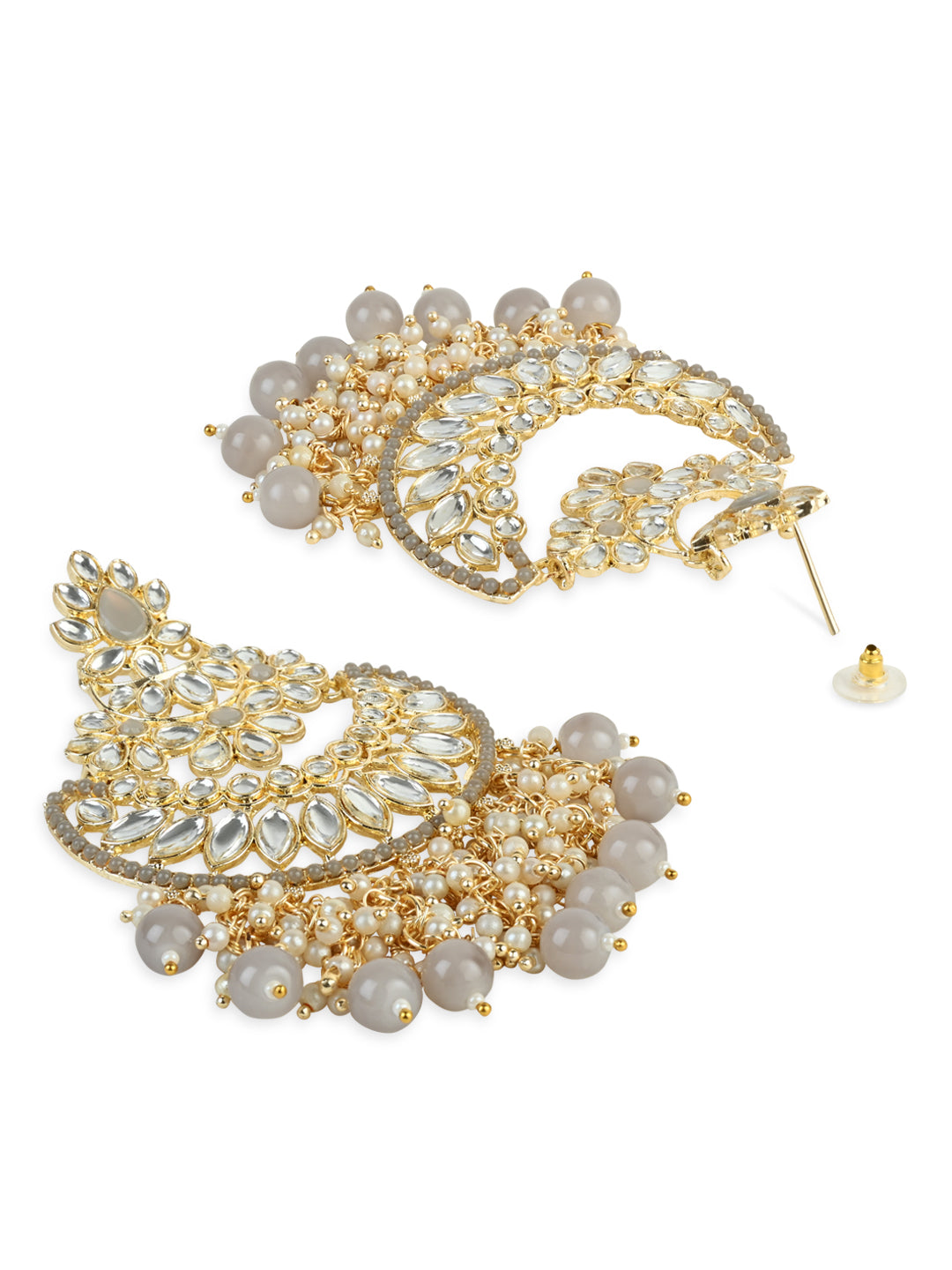 Women's 18K Gold Plated Traditional Pearl Kundan Beaded Chandbali Earrings (E3056Gr) - I Jewels