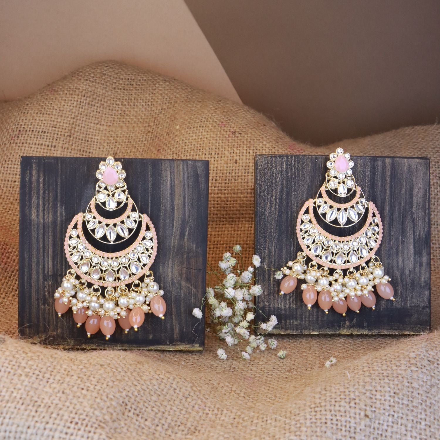 Women's 18K Gold Plated Traditional Handcrafted Pearl Kundan Beaded Chandbali Earrings (E3057Pe) - I Jewels
