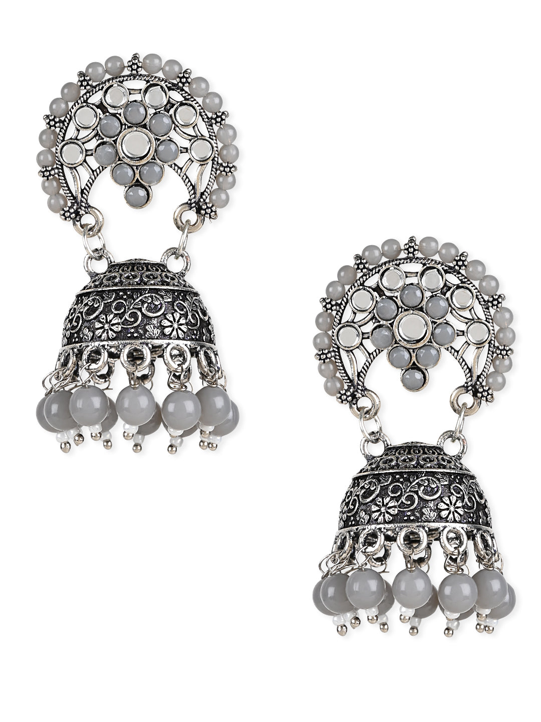 Women's 18K Silver Oxidised Traditional Kundan & Stone Studded Jhumka Earrings (E3061Zgr) - I Jewels
