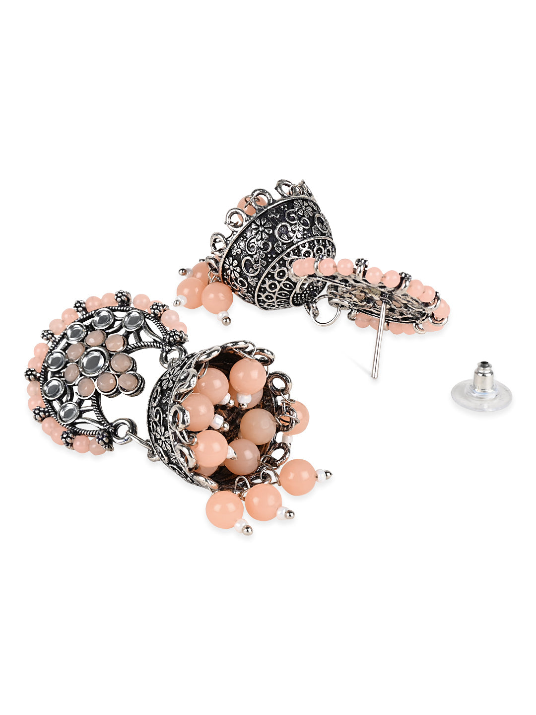 Women's 18K Silver Oxidised Traditional Peach Kundan & Stone Studded Jhumka Earrings (E3061Zpe) - I Jewels