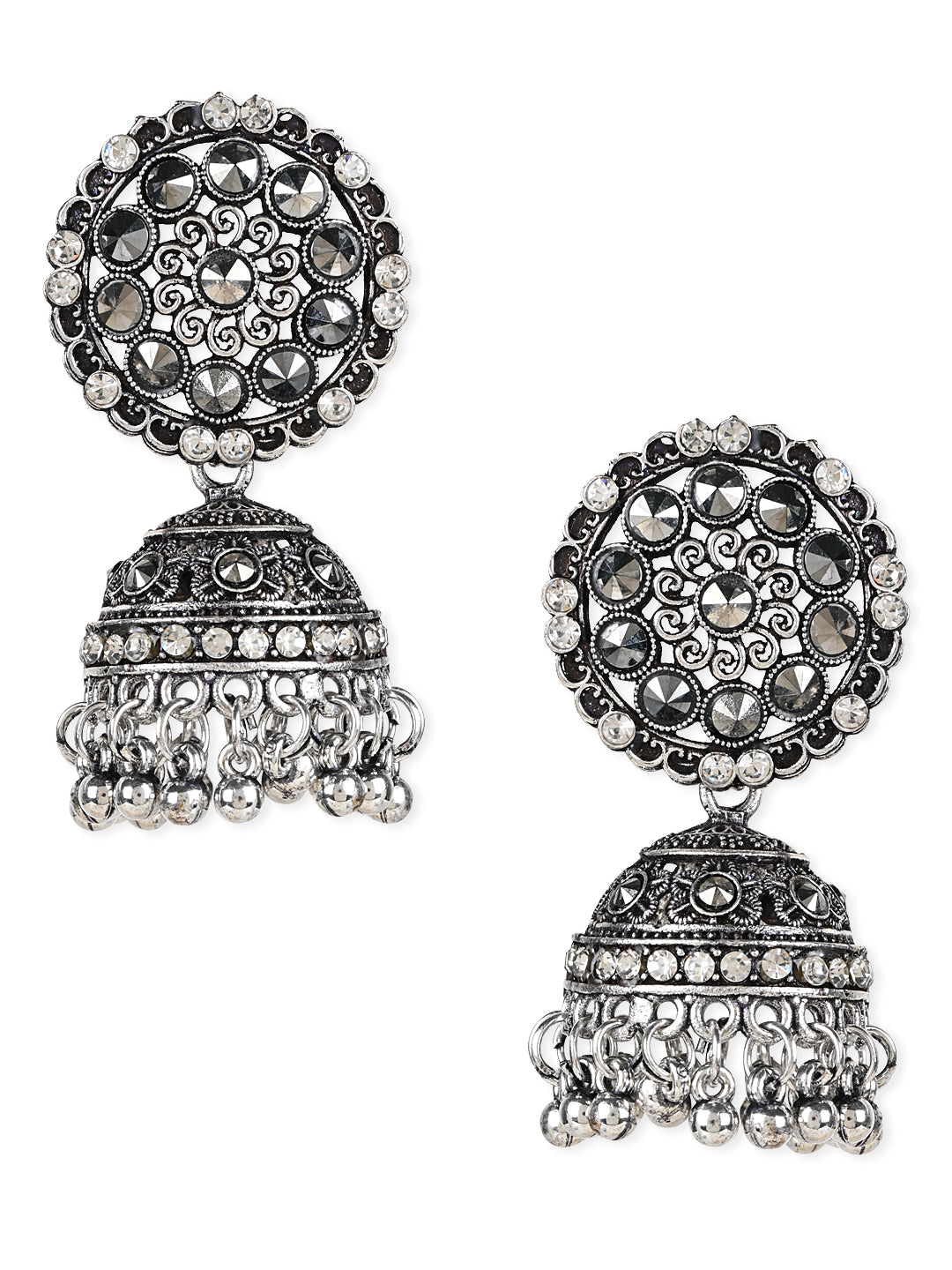 Women's 18K Silver Oxidised Traditional Kundan & Stone Studded Jhumka Earrings (E3062Ox) - I Jewels