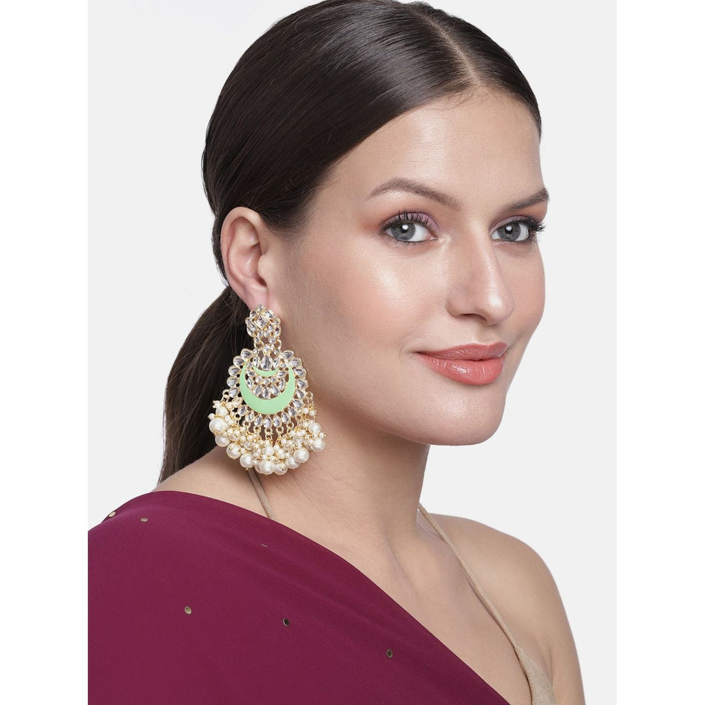 Women's 18K Gold Plated Intricately Designed Traditional Meenakari Chandbali Earrings Glided With Kundans & Pearls (E306Min)