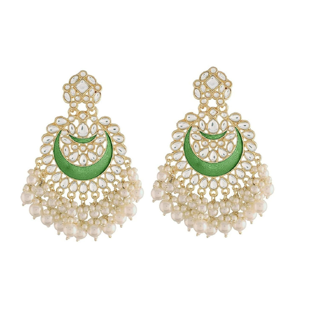 Women's 18K Gold Plated Intricately Designed Traditional Meenakari Chandbali Earrings Glided With Kundans & Pearls (E306Min)