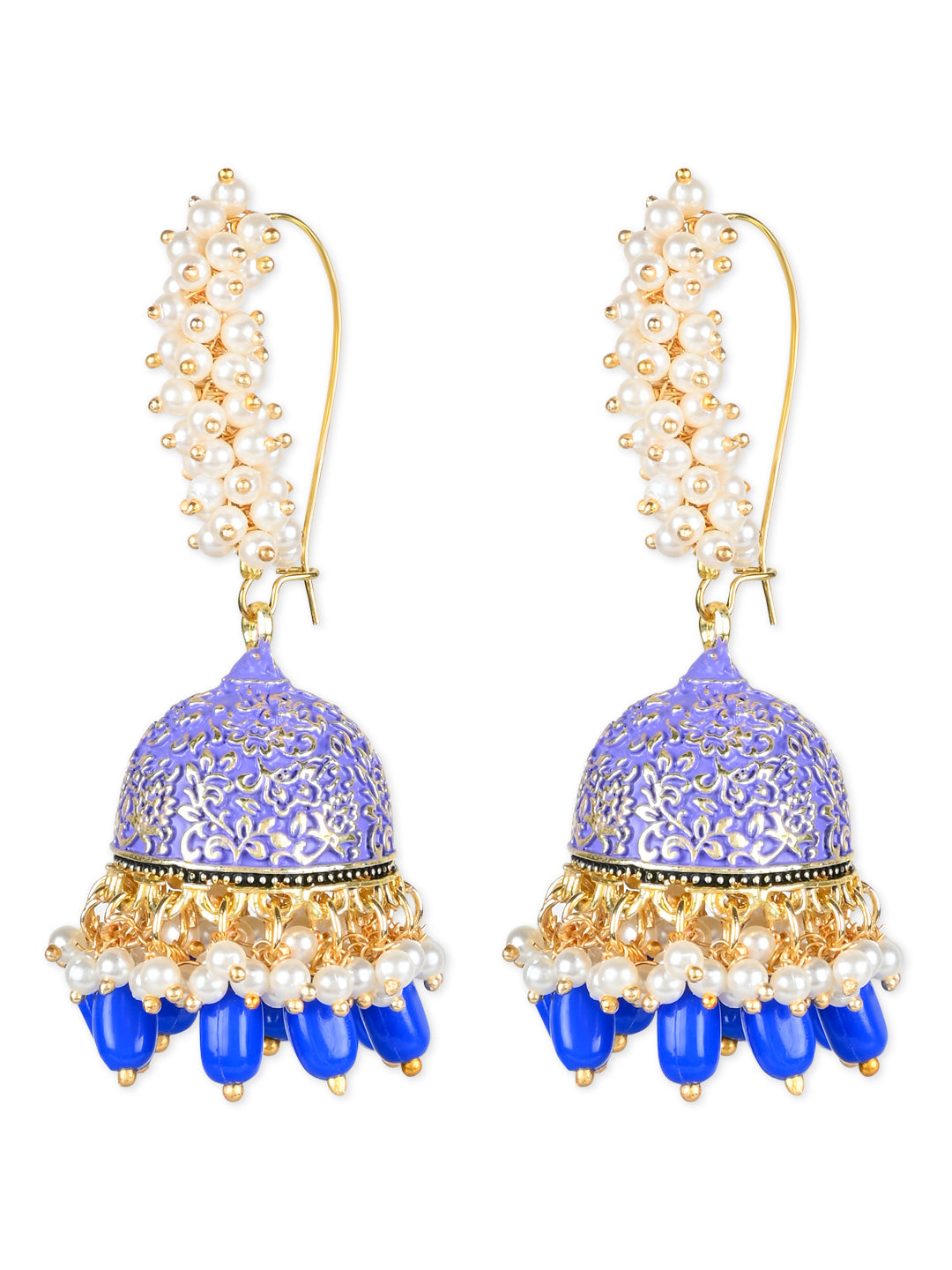 Women's Gold Plated Traditional Meenakari Handcrafted Blue Pearl Jhumki Earrings (E3072Bl) - I Jewels