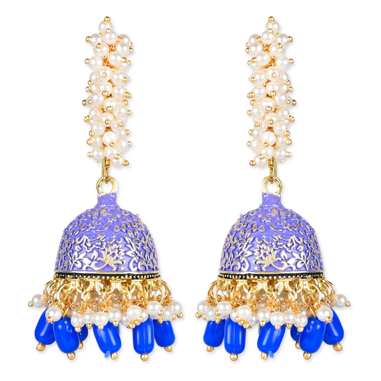 Women's Gold Plated Traditional Meenakari Handcrafted Blue Pearl Jhumki Earrings (E3072Bl) - I Jewels
