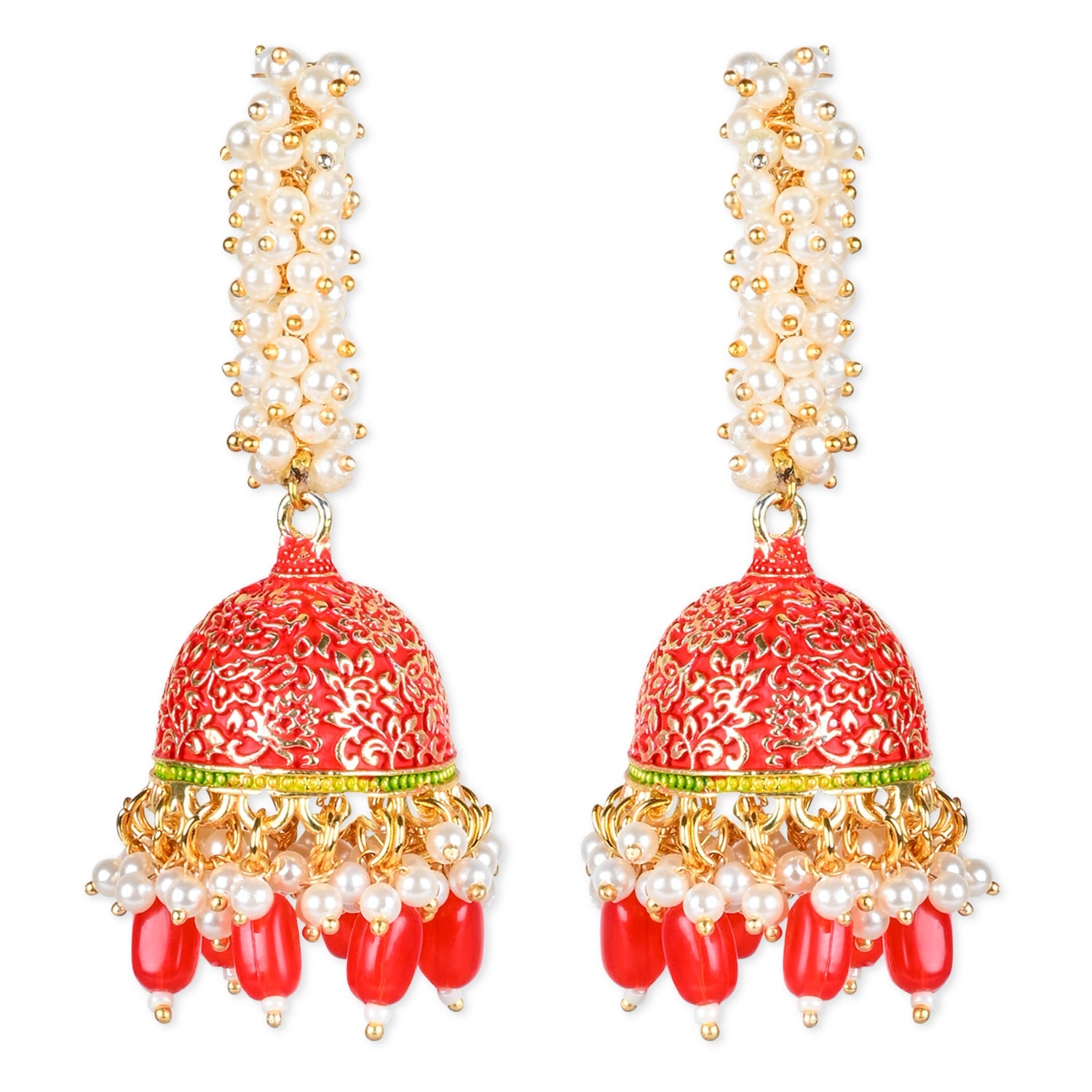 Women's Gold Plated Traditional Meenakari Handcrafted Red Pearl Jhumki Earrings (E3072R) - I Jewels