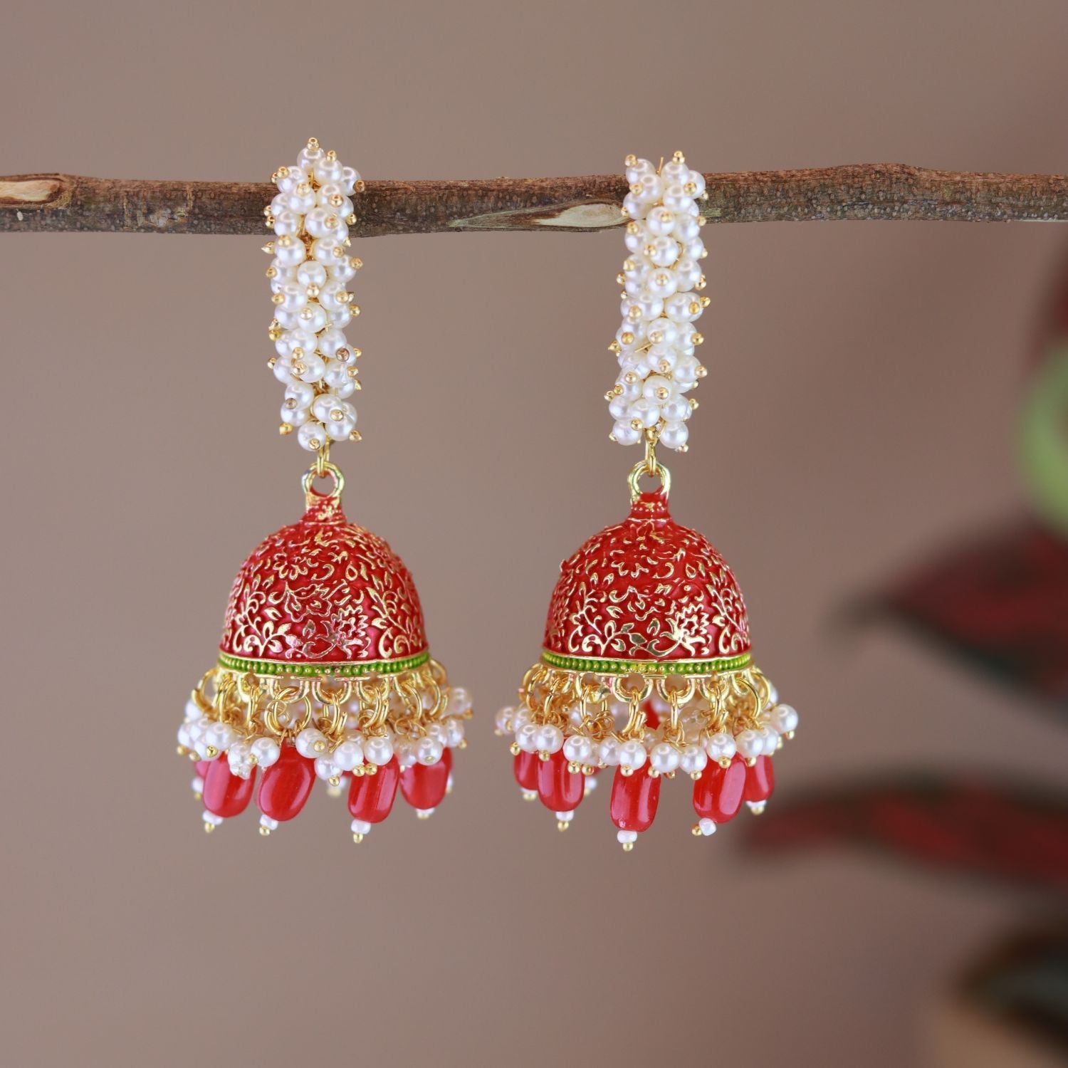 Women's Gold Plated Traditional Meenakari Handcrafted Red Pearl Jhumki Earrings (E3072R) - I Jewels