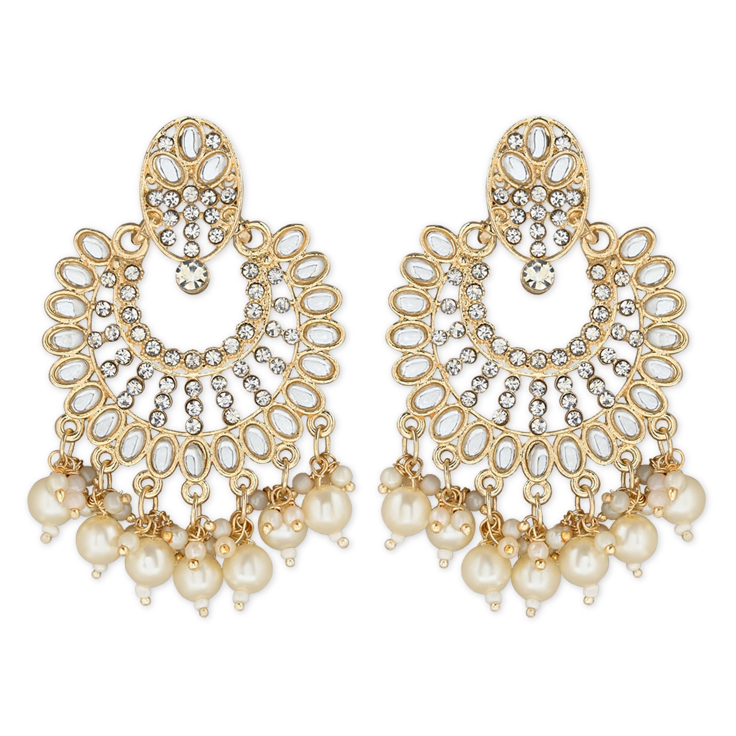 Women's 18K Gold Plated Intricately Designed Traditional Chandbali Earrings Glided With Kundans & Pearls (E3076W) - I Jewels