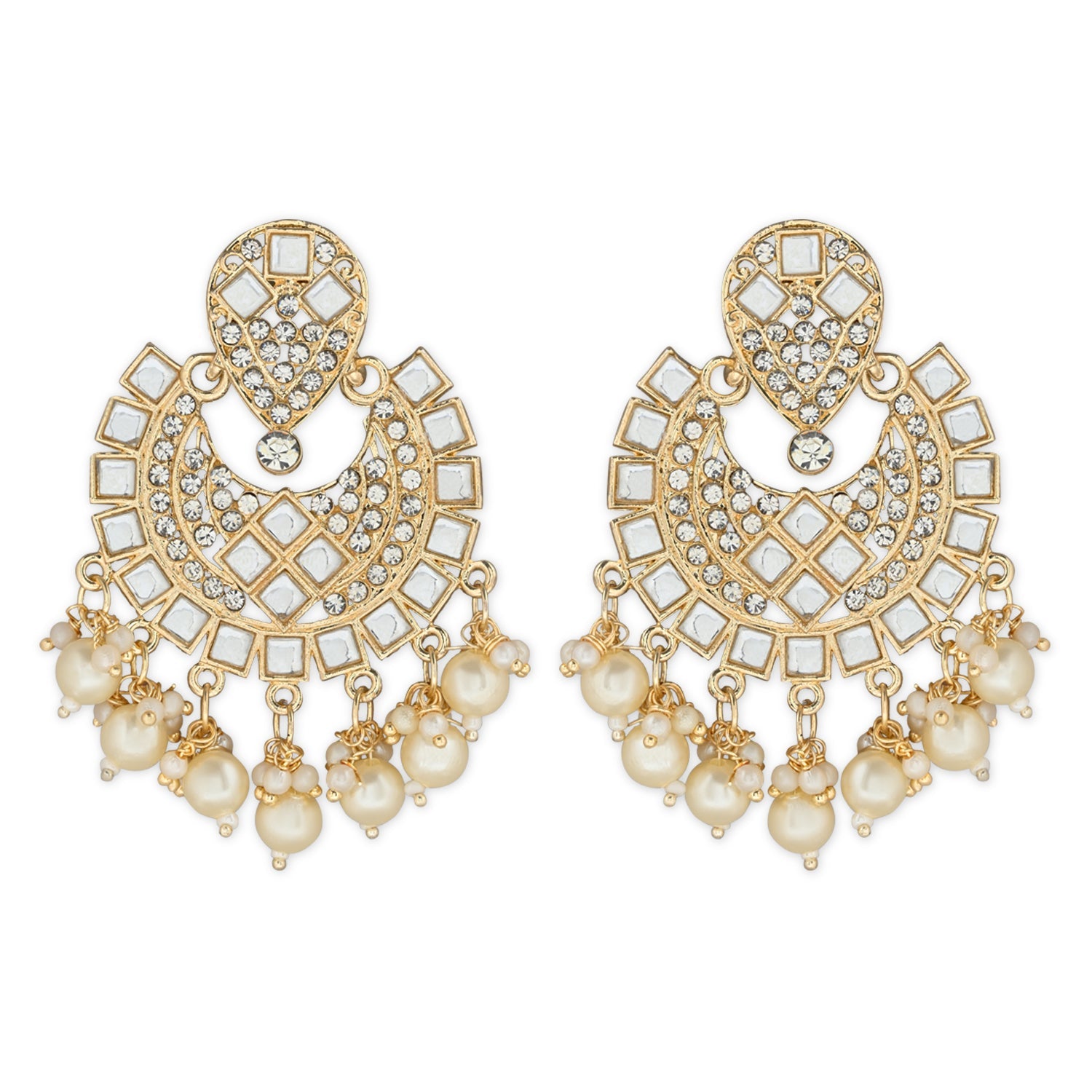 Women's 18K Gold Plated Intricately Designed Traditional Chandbali Earrings Glided With Kundans & Pearls (E3077W) - I Jewels