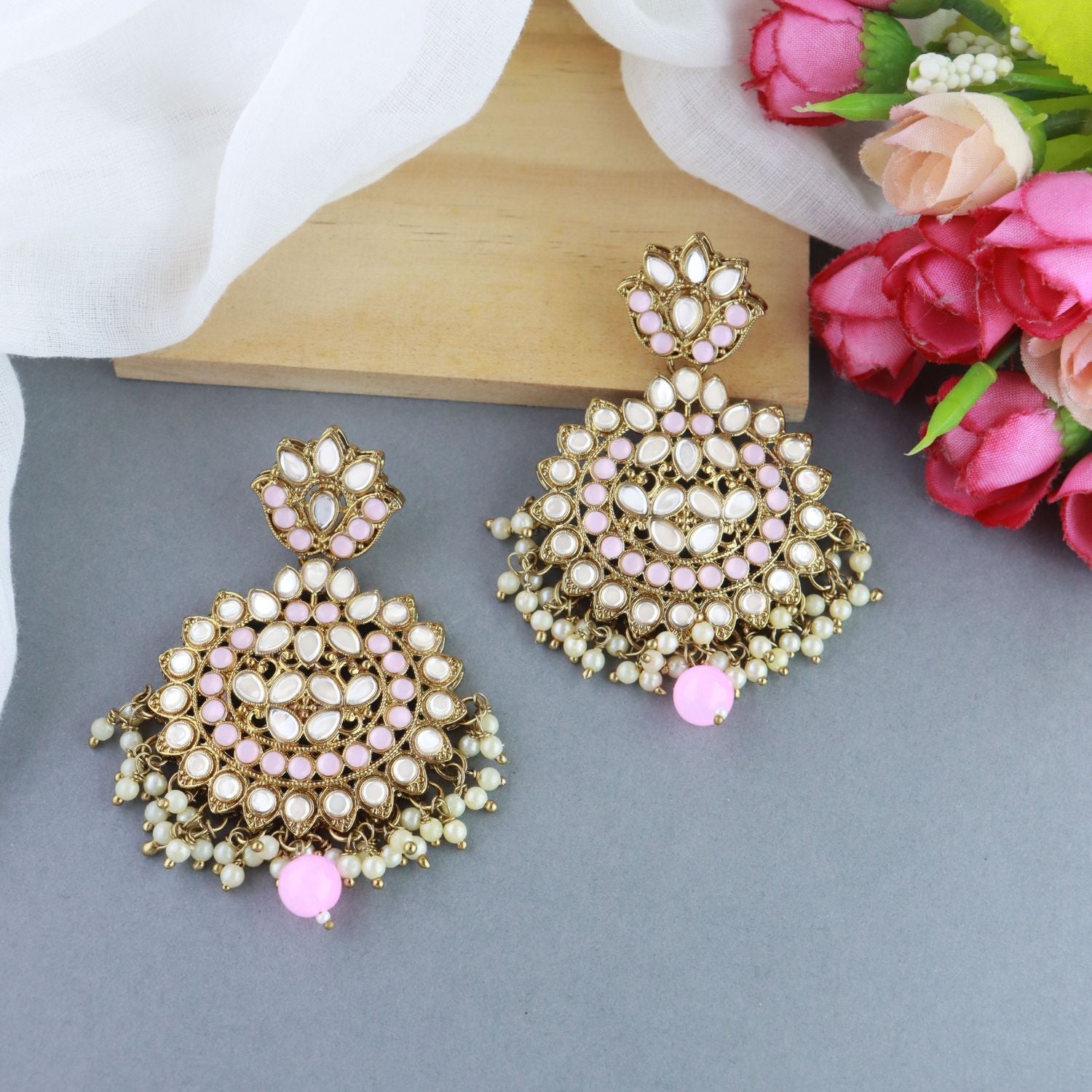 Women's 18K Gold Plated Traditional Kundan & Stone Studded Chandbali Earrings (E3078Pi) - I Jewels