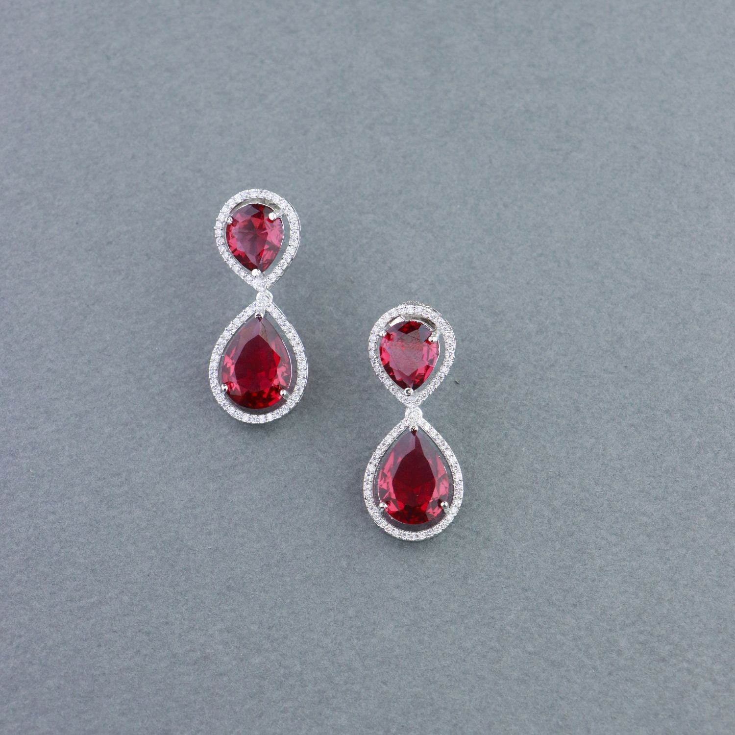 Women's 18K Silver Plated Red Cz & American Diamond Stone Studded Beautiful Earrings - I Jewels