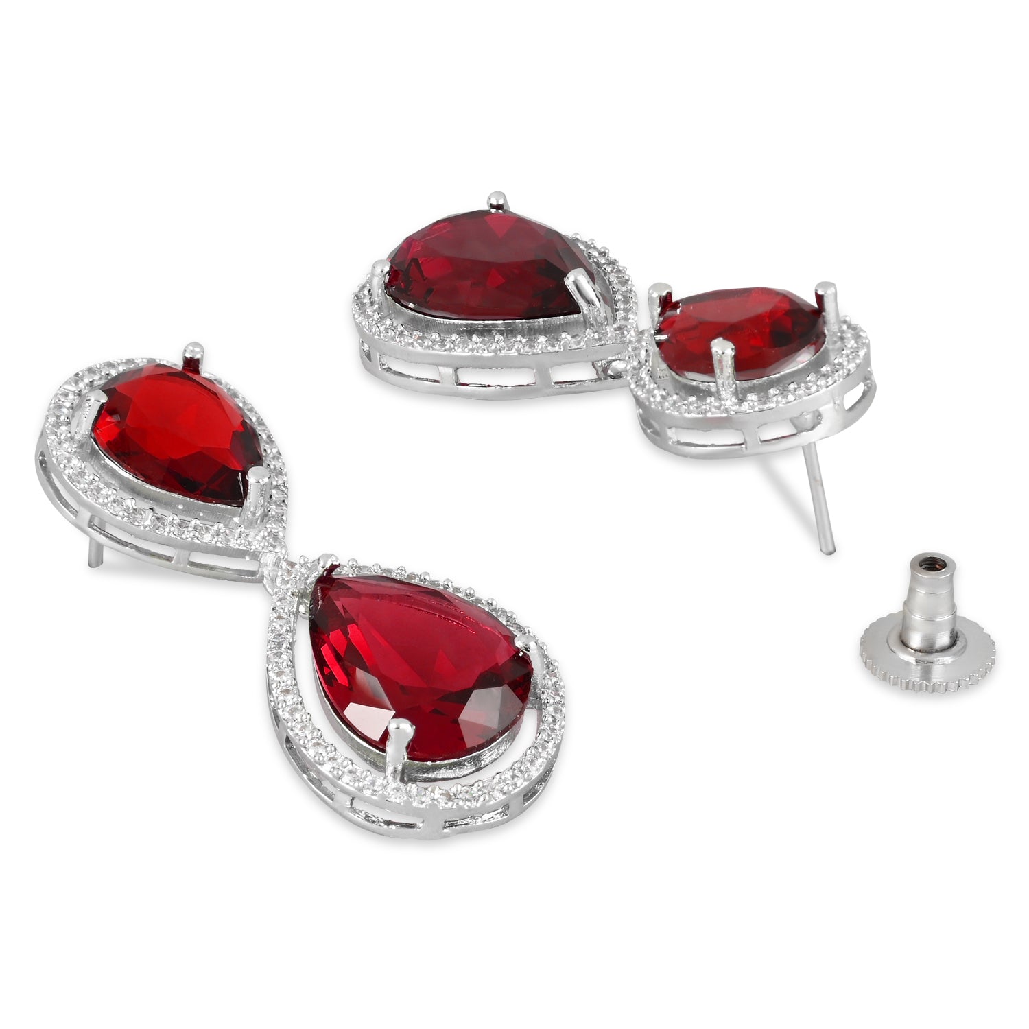 Women's 18K Silver Plated Red Cz & American Diamond Stone Studded Beautiful Earrings - I Jewels