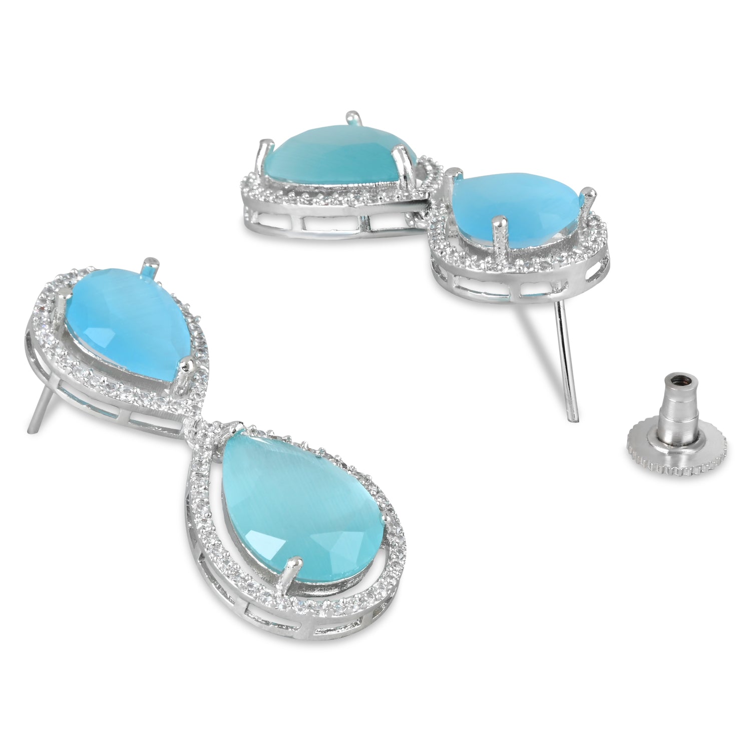 Women's 18K Silver Plated Blue Cz & American Diamond Stone Studded Beautiful Earrings - I Jewels