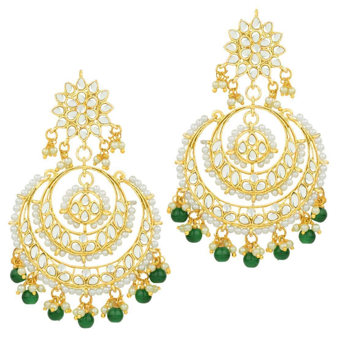 Women's  Green Gold Plated Alloy Traditional Handcrafted Beaded Big Chandbali Earrings - i jewels