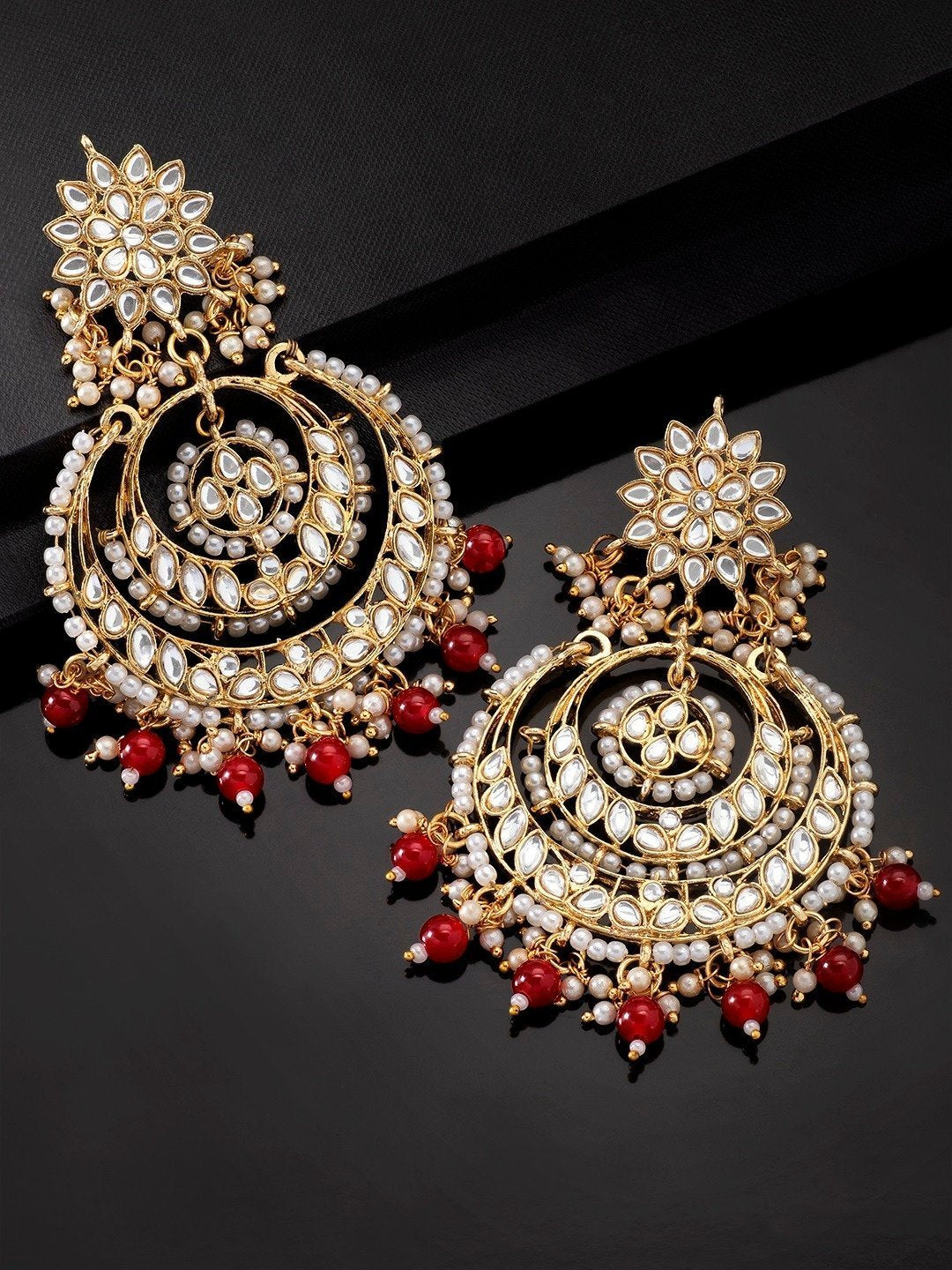 Women's  Gold Plated Alloy Red Kundan Stones Earrings  - i jewels