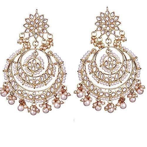 Women Golden White Beaded Kundan Chandbali Earrings  by I Jewels (1 Pc Se)t
