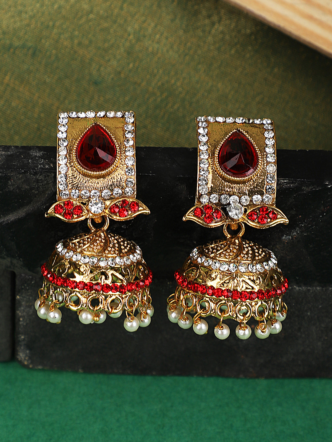 Women's Traditional Gold Plated Red Stone Studded Classy Look Jhumka Earring - Anikas Creation