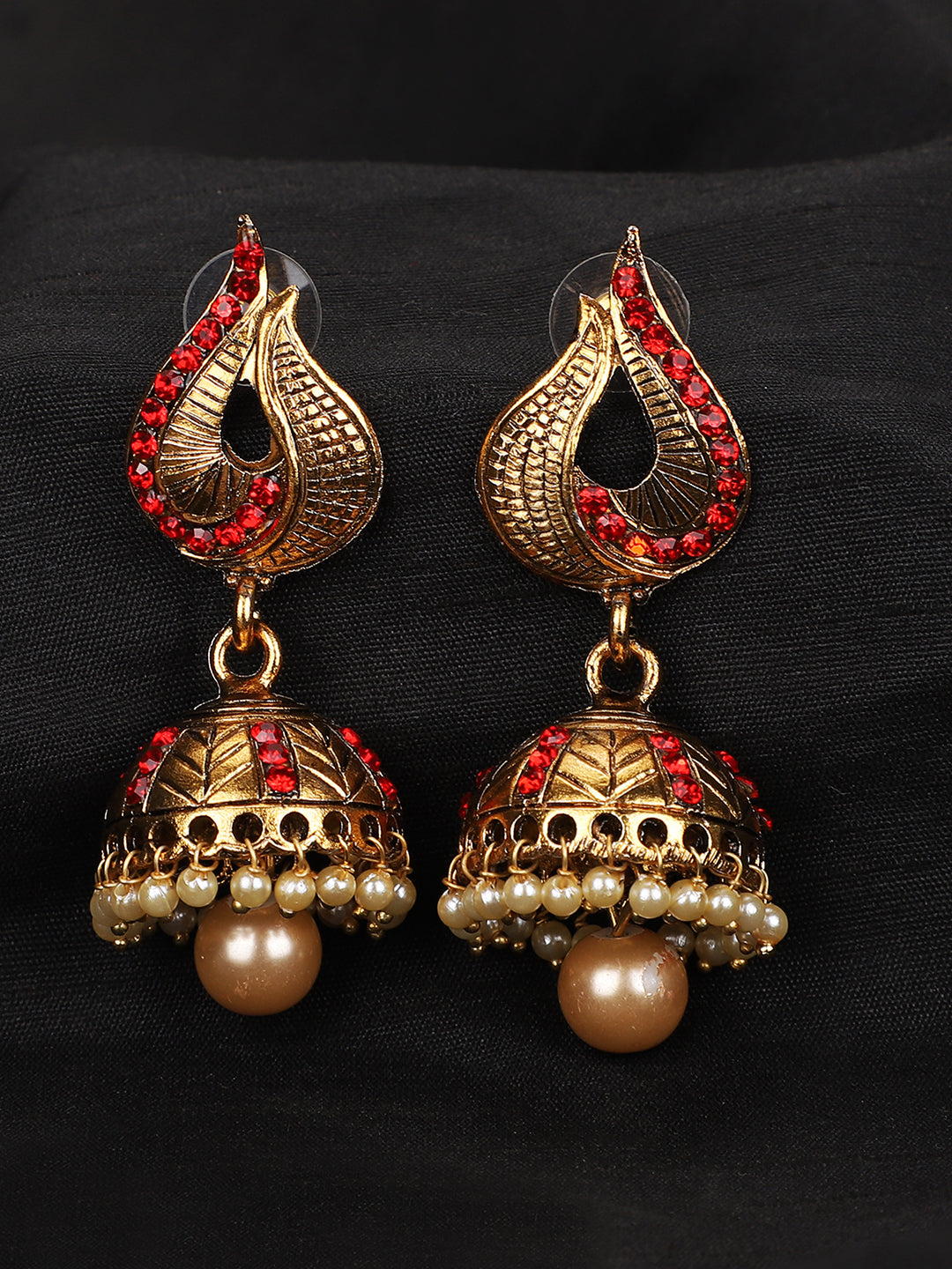 Women's Gold Tone Elegant Red Stone Studded Traditional Jhumka Earring - Anikas Creation