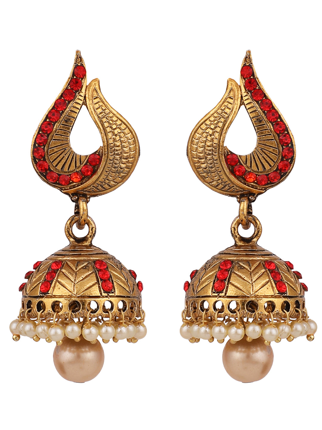 Women's Gold Tone Elegant Red Stone Studded Traditional Jhumka Earring - Anikas Creation