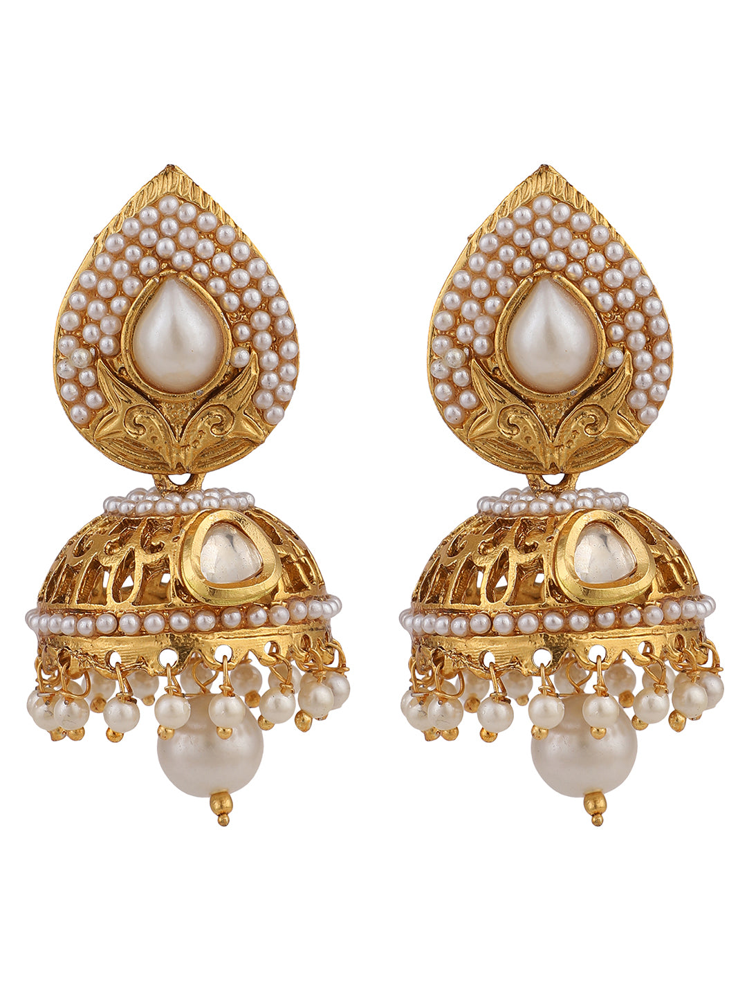 Women's Gold Plated White Pearl Brass Traditional Jhumka earring - Anikas Creation