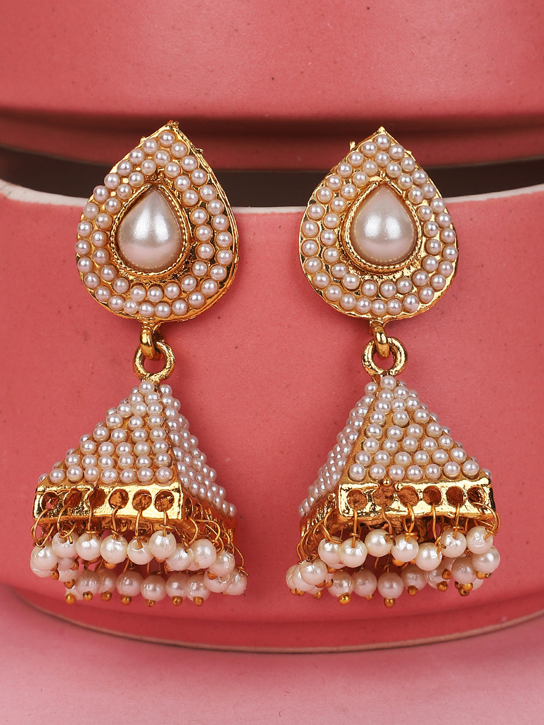 Women's Off White Pearl Traditional Brass Gold Plated Pyramid Shape Jhumka Earring - Anikas Creation