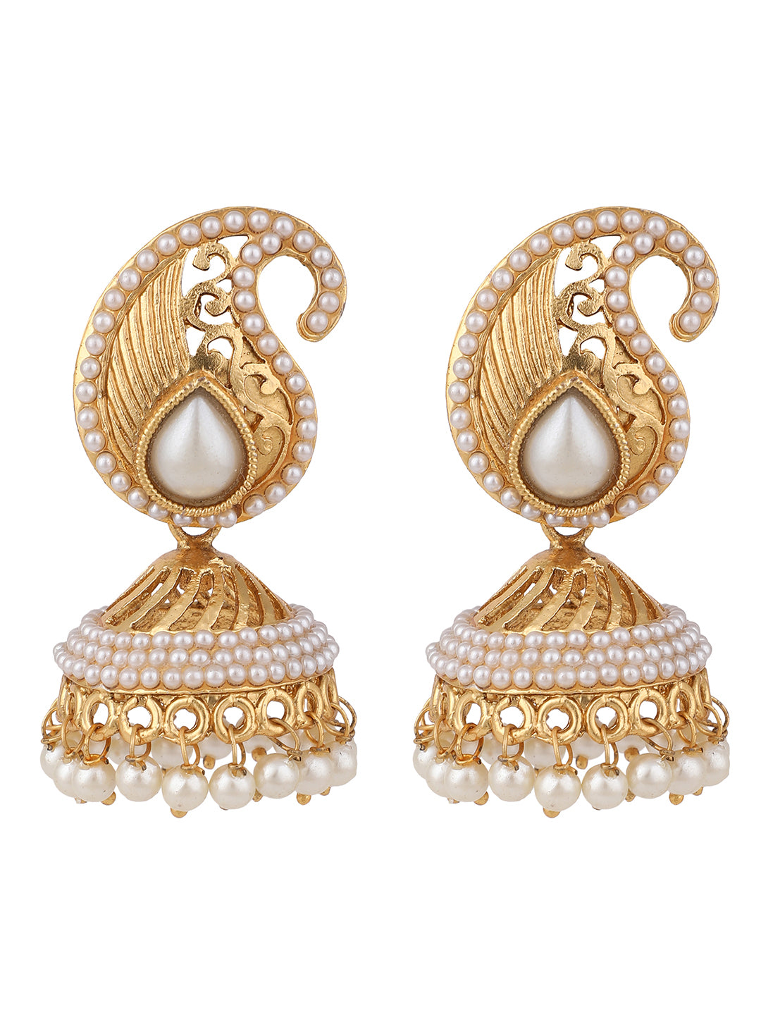 Women's Traditional Carry Shaped Pearl Offwhite Brass Jhumka Earring - Anikas Creation