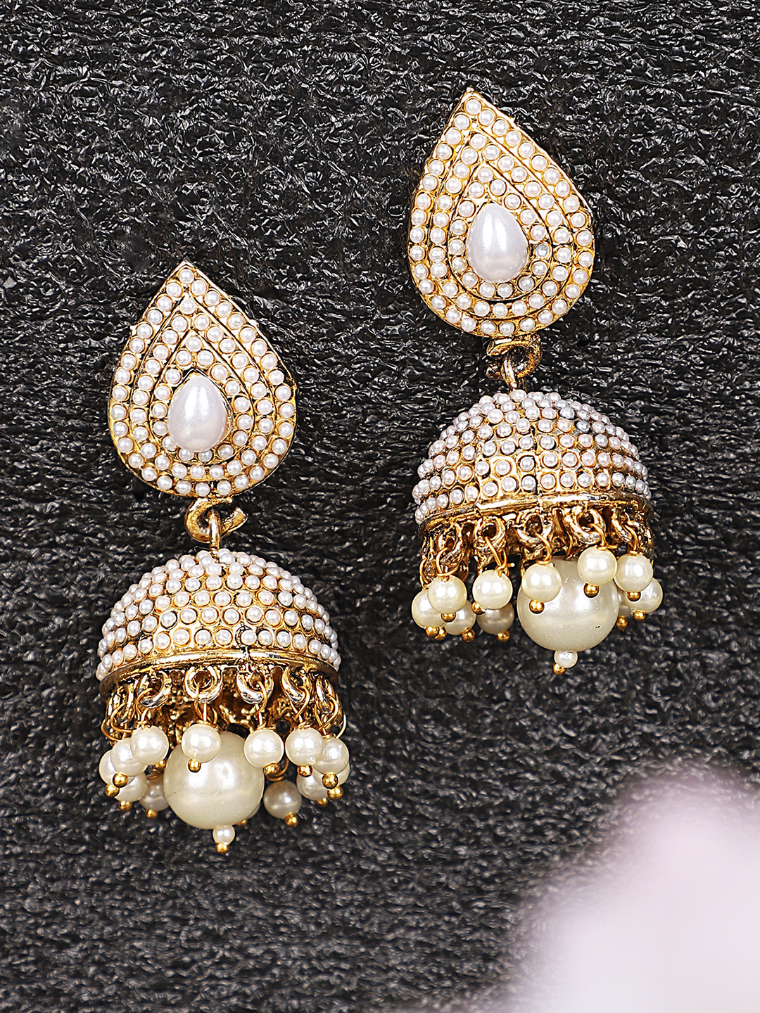 Women's Traditional Pearl Off white Brass Tear Drop Shaped Jhumka Earring - Anikas Creation