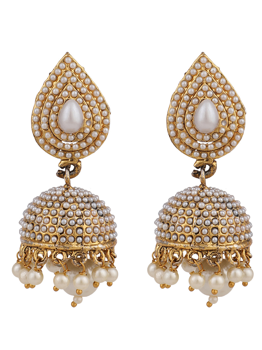 Women's Traditional Pearl Off white Brass Tear Drop Shaped Jhumka Earring - Anikas Creation