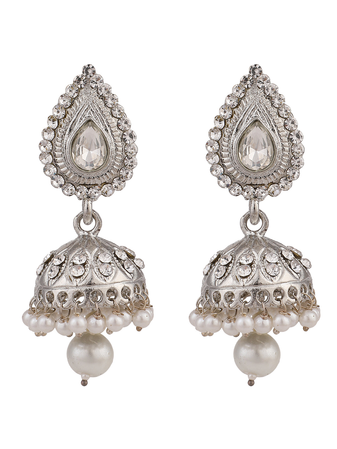 Women's Silver Plated Traditional Teardrop Shape Stone Studded Oxidised Jhumka Earring - Anikas Creation