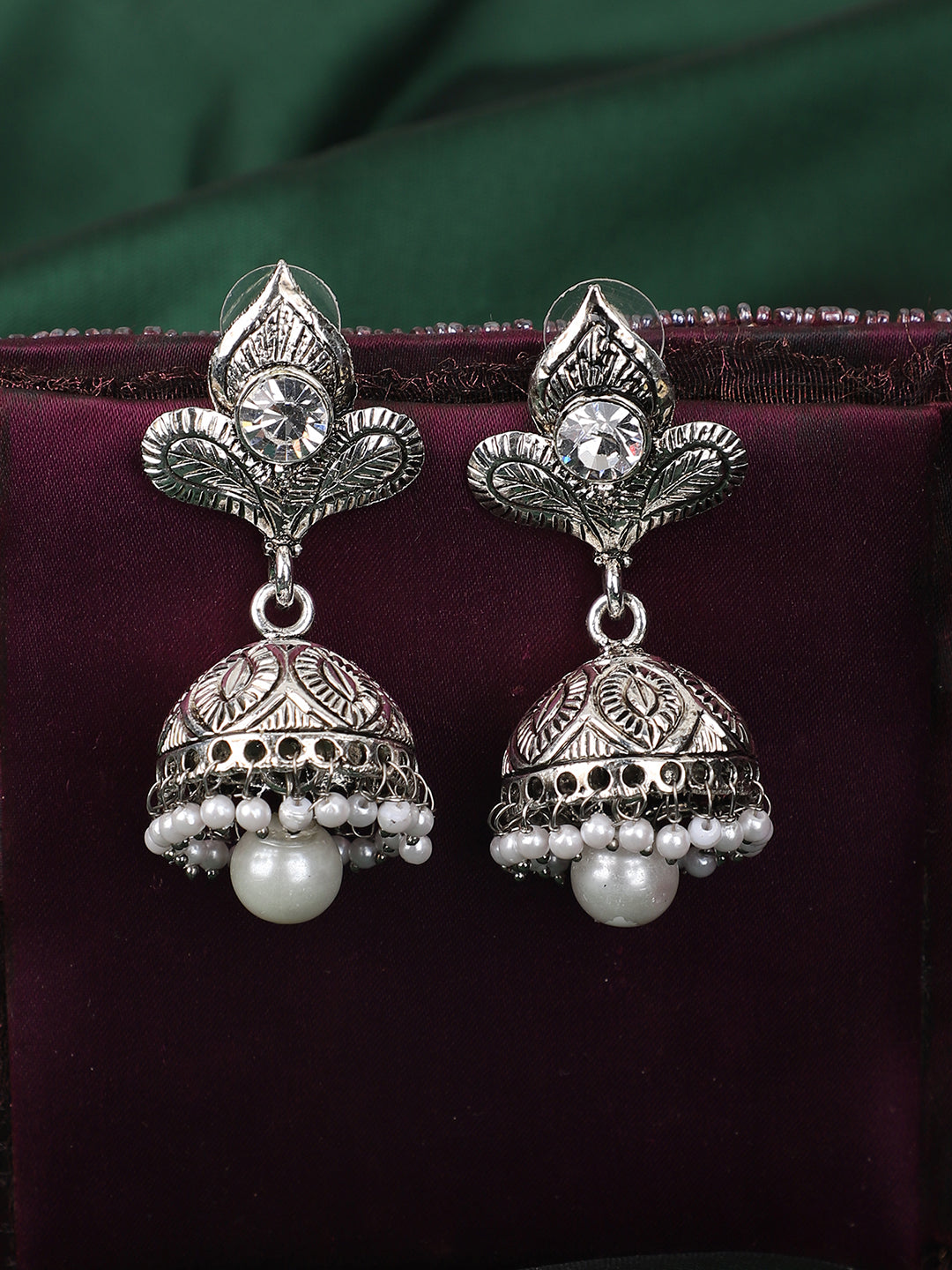 Women's Silver Plated Traditional Teardrop Shape Oxidised Stone Studded Jhumka Earring - Anikas Creation