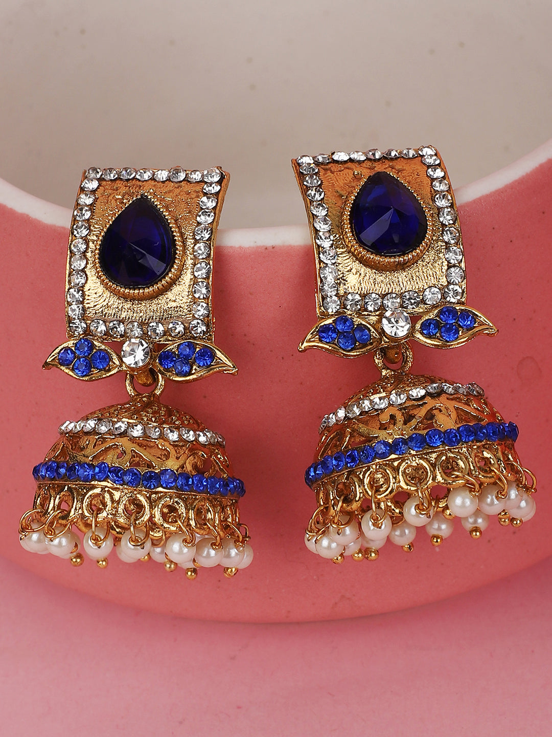 Women's Traditional Gold Plated Blue Stone Studded Classy Look Jhumka Earring - Anikas Creation