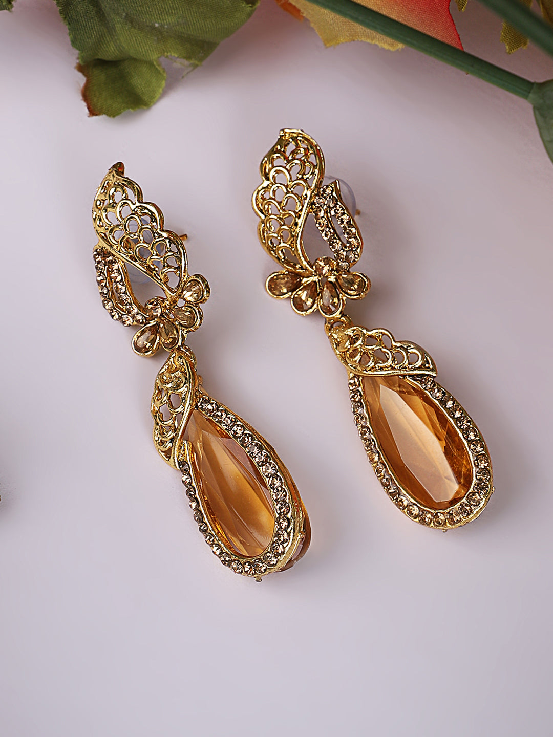 Women's Stylish Brown Crystal Gold Plated Stone Studded Classy Look Drop Earring - Anikas Creation