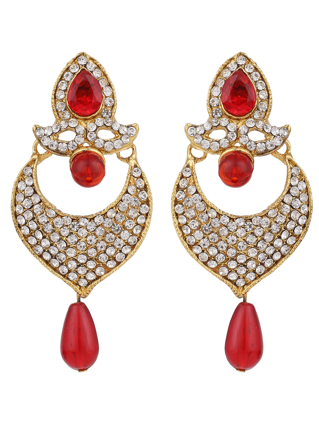Women's Gold-Toned Red Stone & Pearl Studded Contemporary Chandbalis - Anikas Creation
