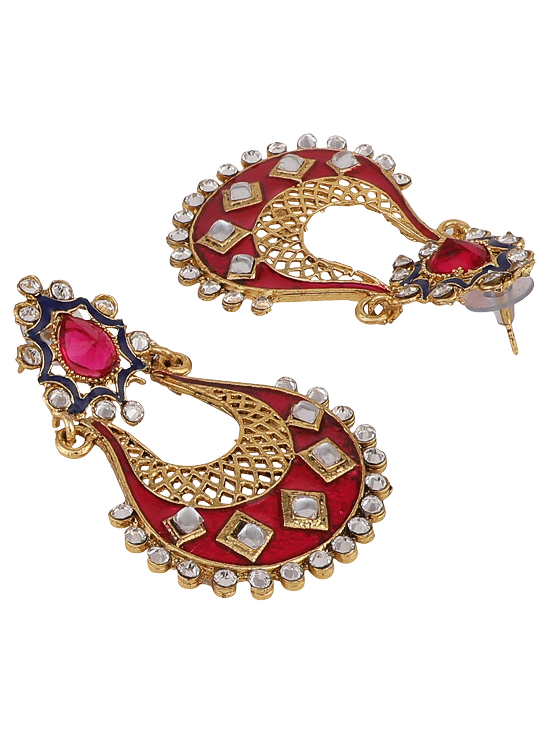 Women's Magenta & White Gold Plated Brass Meenakari Chandbali Earring - Anikas Creation