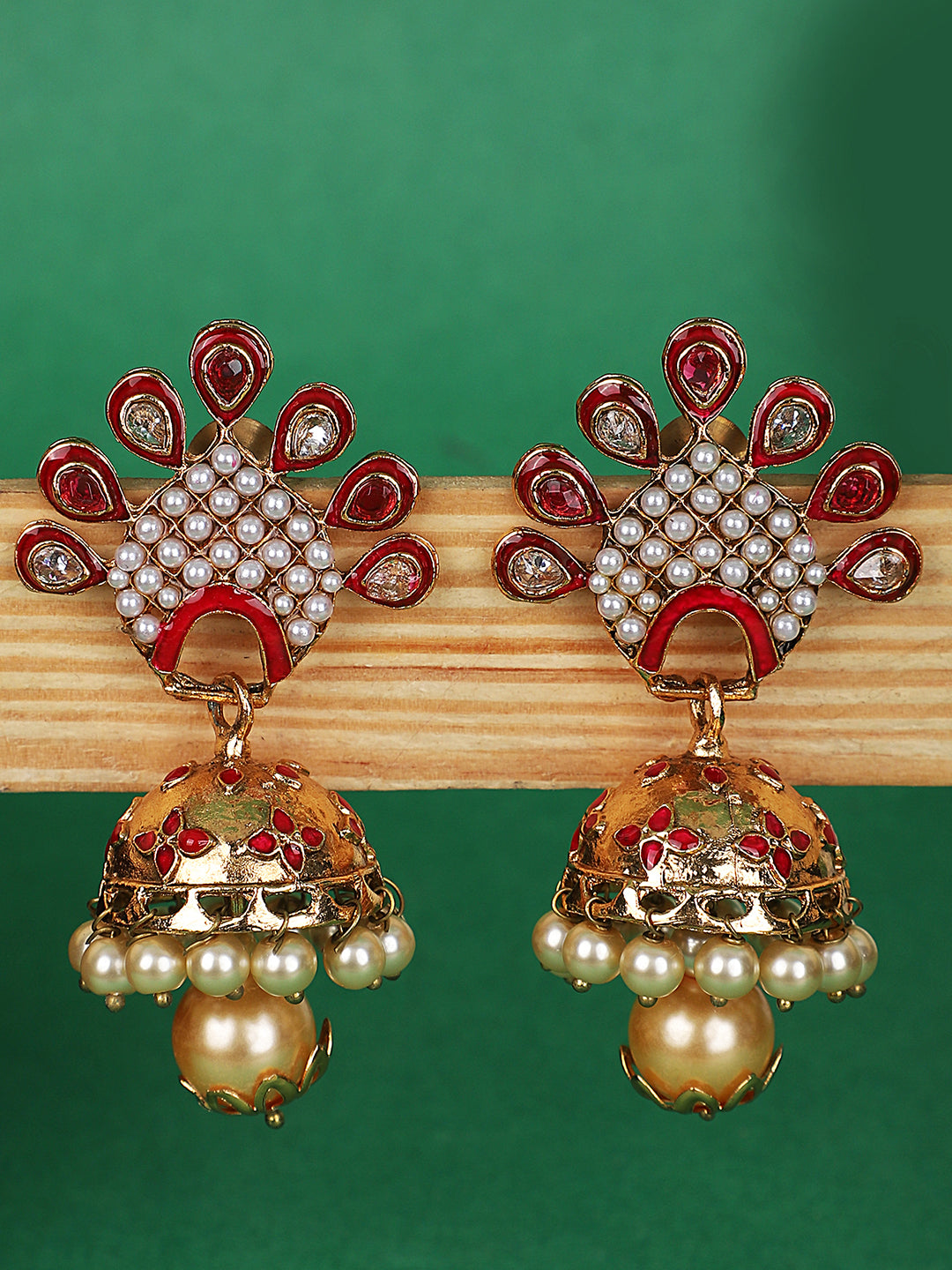Women's Red & White Stone Studded Peacock Shape Gold Plated Traditional Jhumka - Anikas Creation