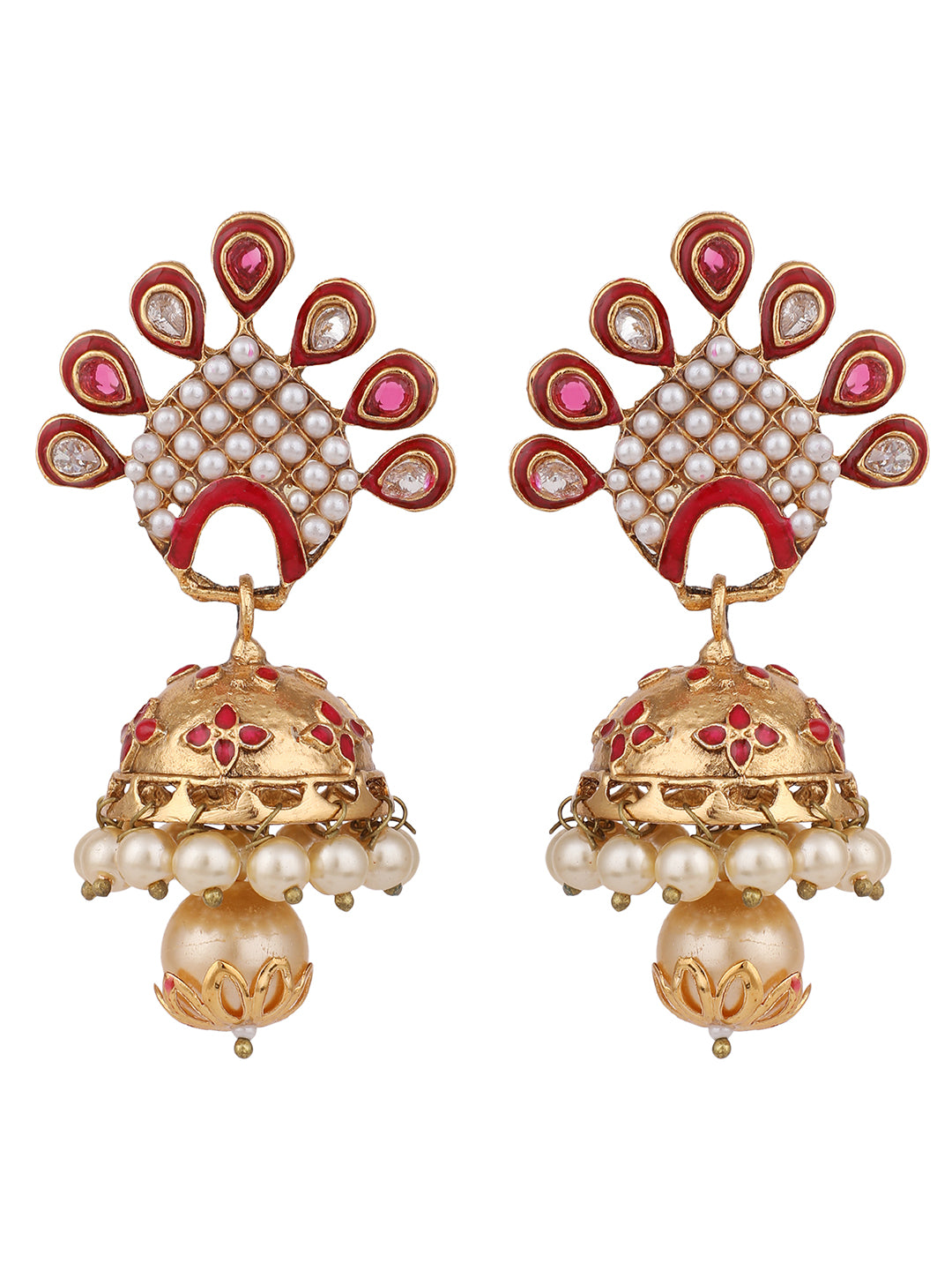 Women's Red & White Stone Studded Peacock Shape Gold Plated Traditional Jhumka - Anikas Creation