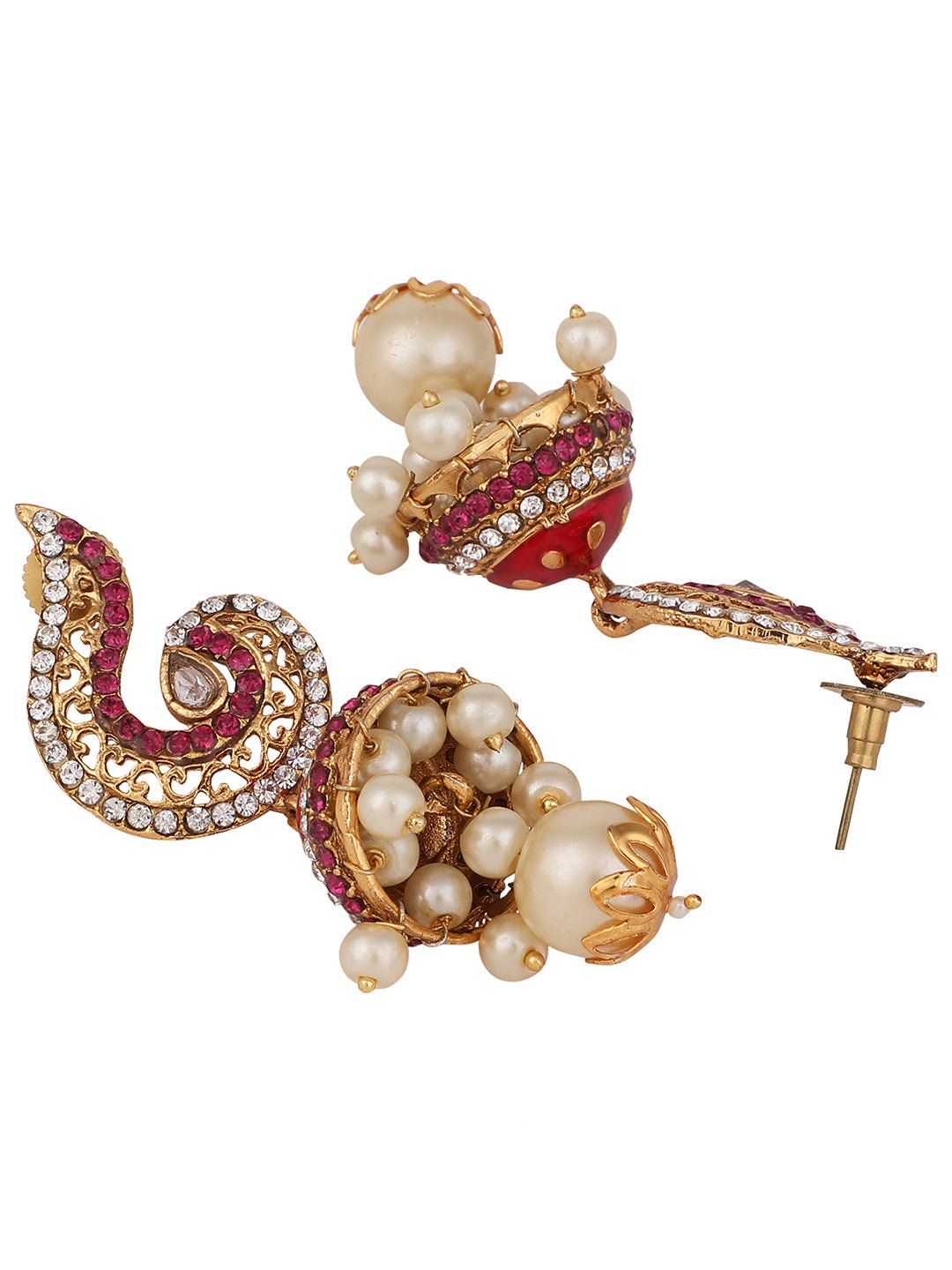 Women's Gold Plated Red & White Stone Studded Jhumka Earring - Anikas Creation