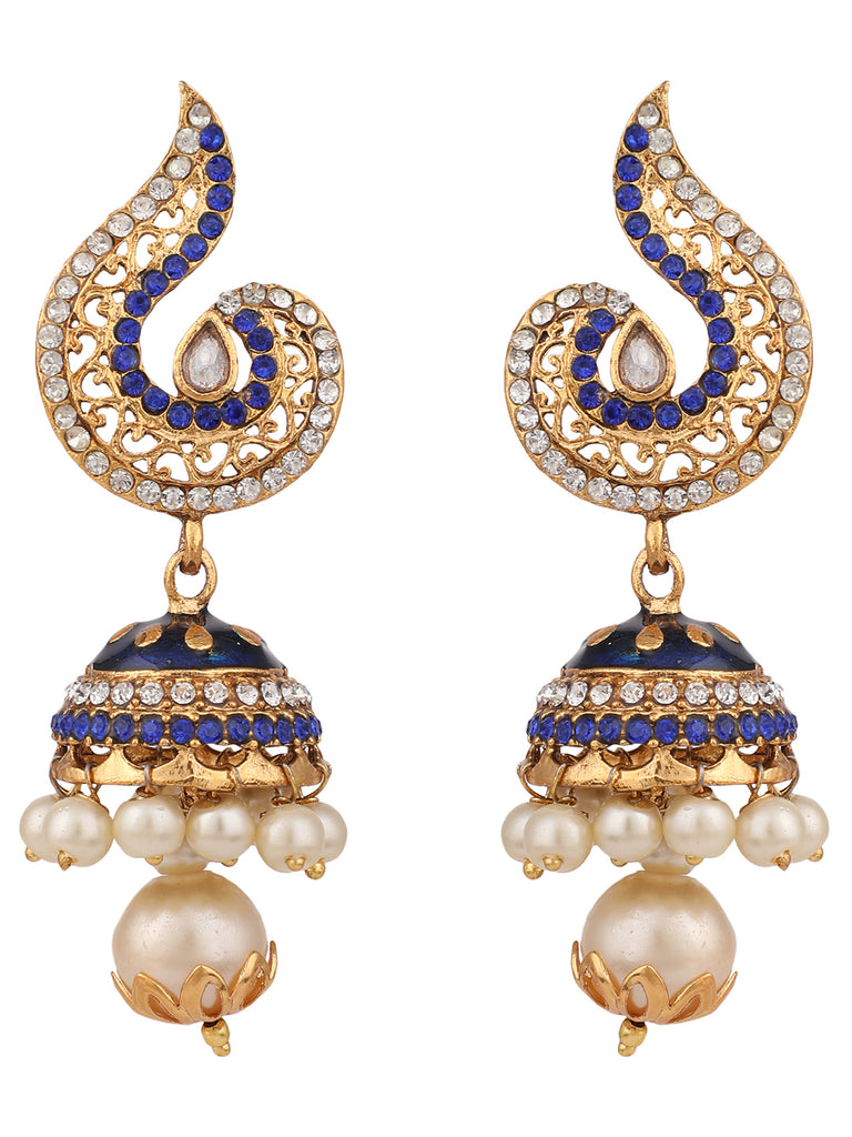 Women's Gold Plated Blue & White Stone Studded Jhumka Earring