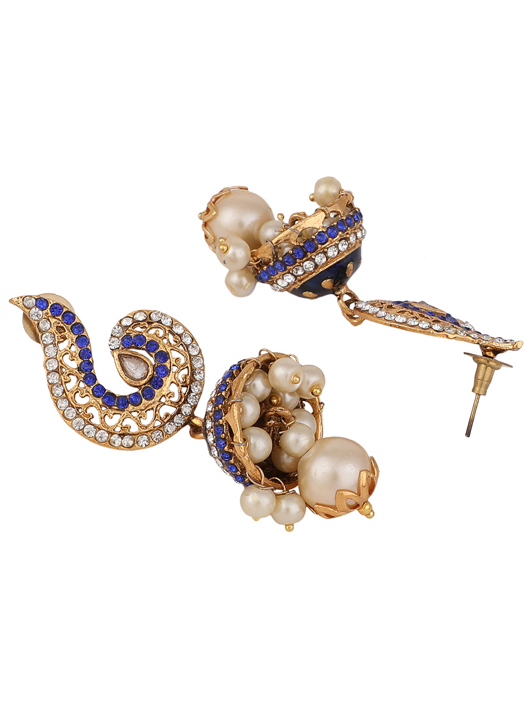 Women's Gold Plated Blue & White Stone Studded Jhumka Earring - Anikas Creation