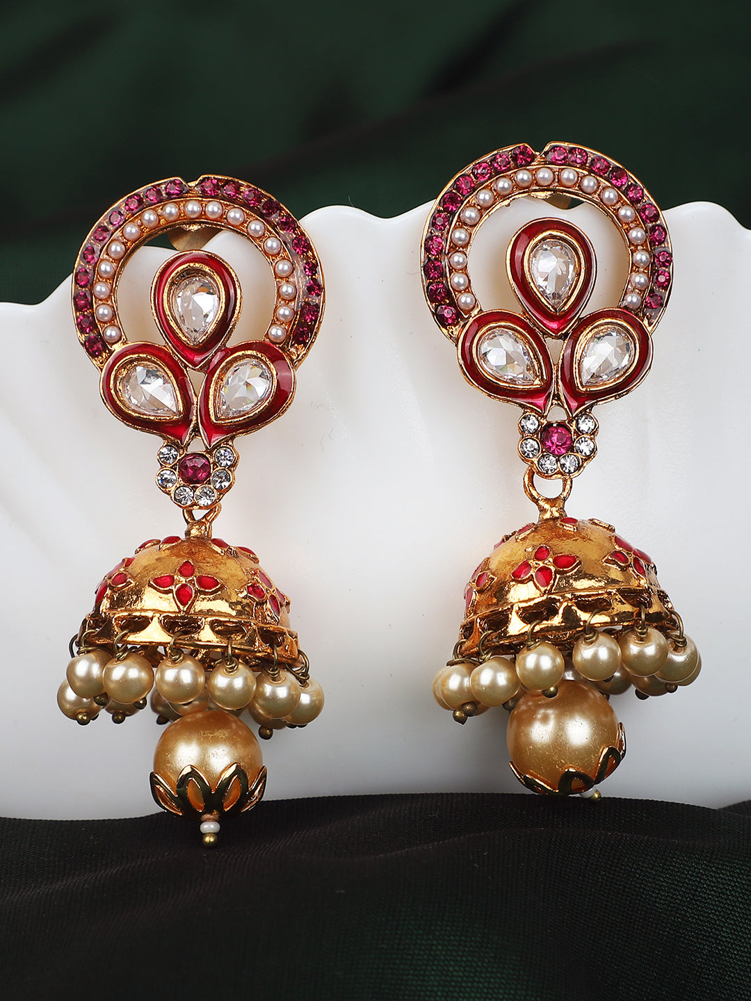 Women's Traditional Gold Plated Floral Shape Red & White Stone Brass Jhumka - Anikas Creation