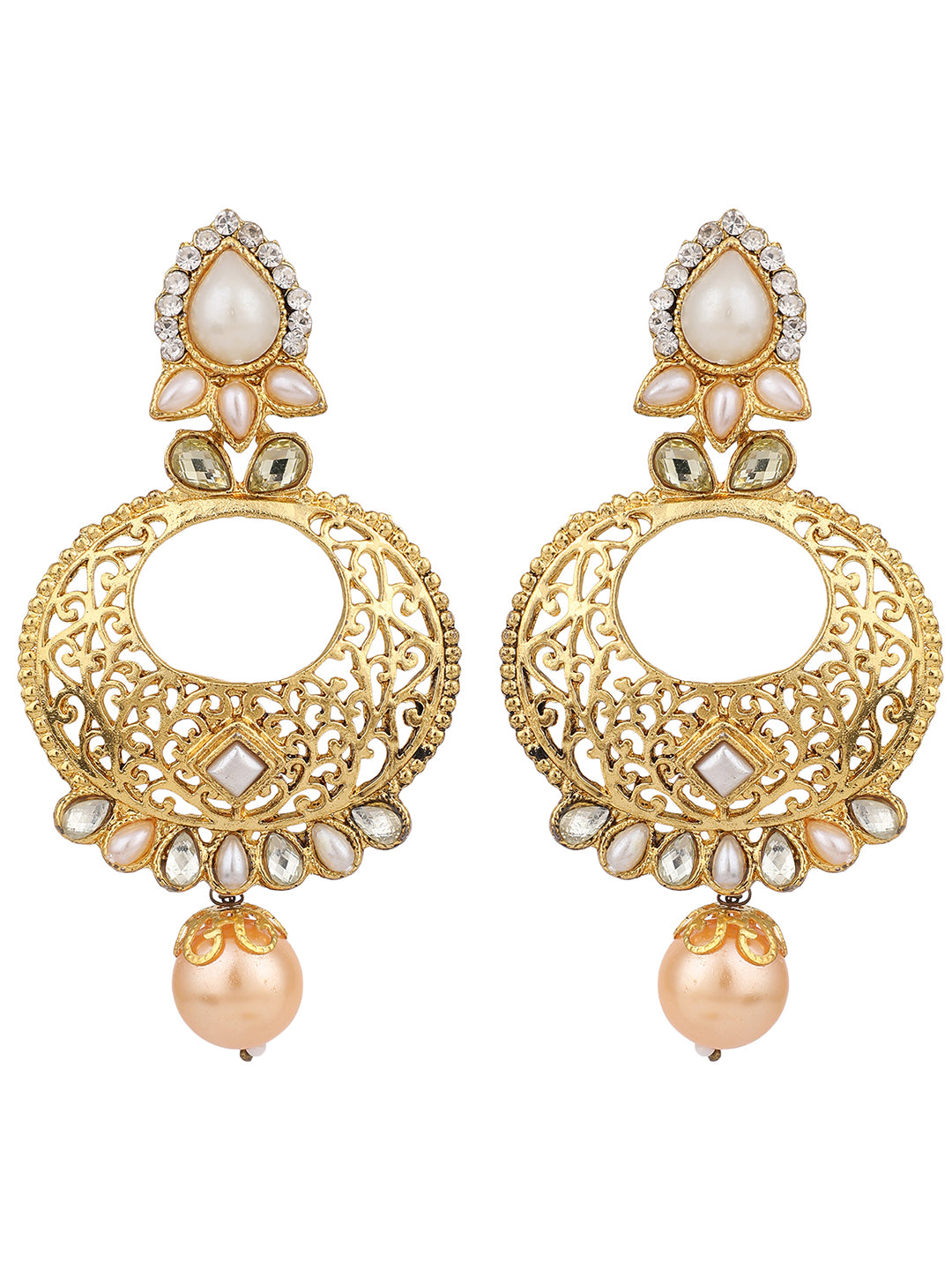 Women's Gold Tone Contemporary White Stone and Pearl Brass Chandbali Earring - Anikas Creation