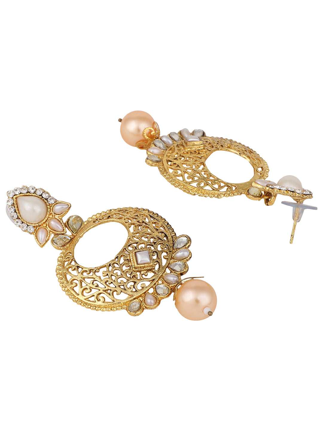 Women's Gold Tone Contemporary White Stone and Pearl Brass Chandbali Earring - Anikas Creation