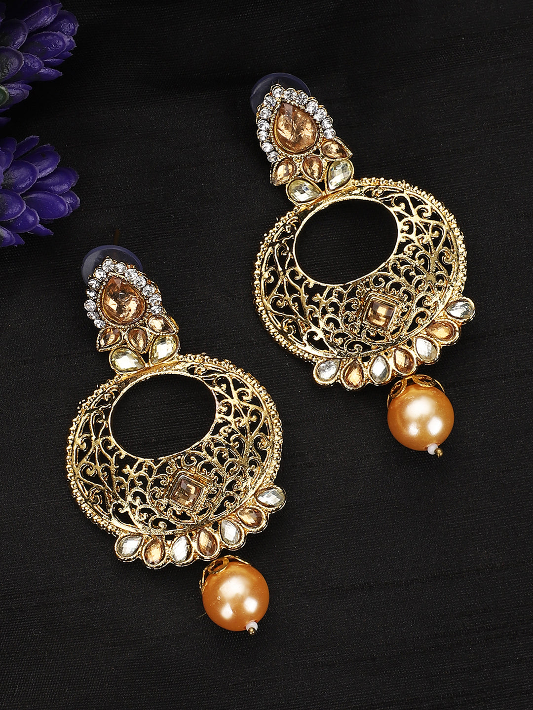 Women's Gold Tone Contemporary LCT Stone and Pearl Brass Chandbali Earring - Anikas Creation